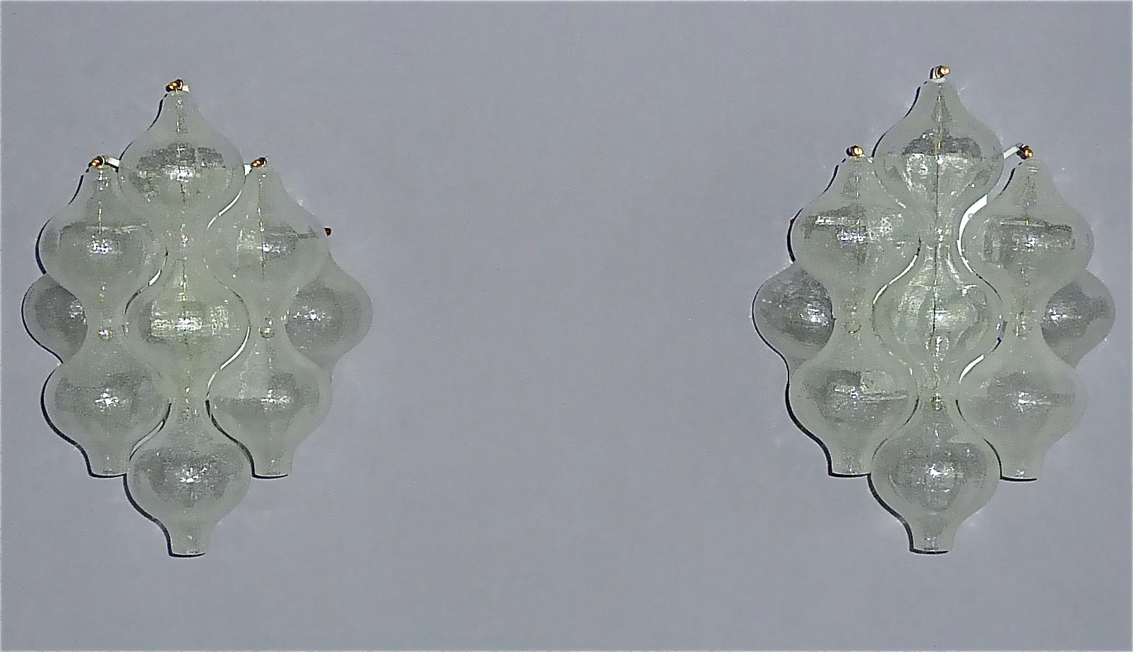 German Large Pair of Kalmar Tulipan Wall Lights Sconces Murano Glass White Brass, 1960s For Sale