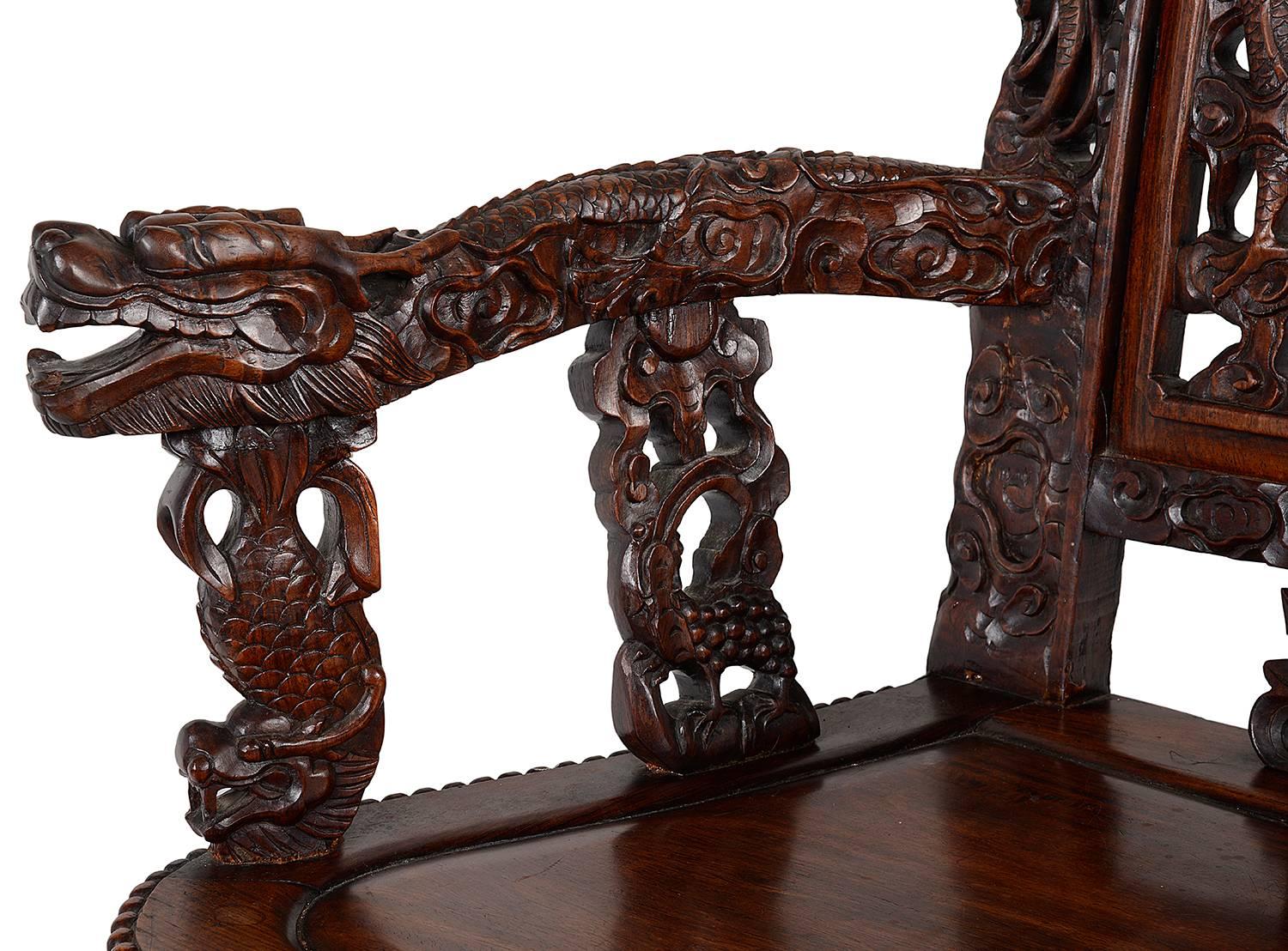 Chinese Export Large Pair of Late 19th Century Chinese Hardwood Armchairs