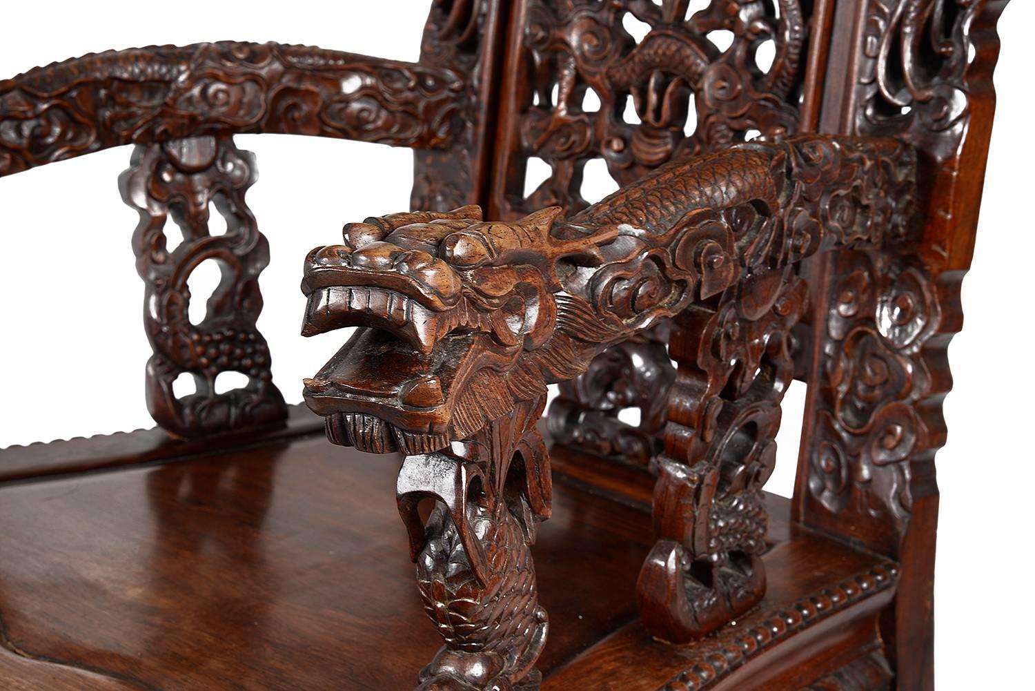 Carved Large Pair of Late 19th Century Chinese Hardwood Armchairs