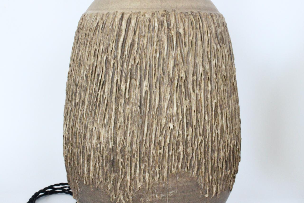Large Pair Lee Rosen for Design-Technics Textured Taupe Pottery Lamps 3