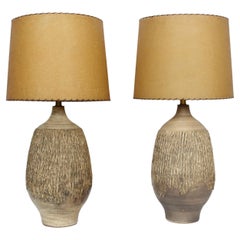 Large Pair Lee Rosen for Design-Technics Textured Taupe Pottery Lamps