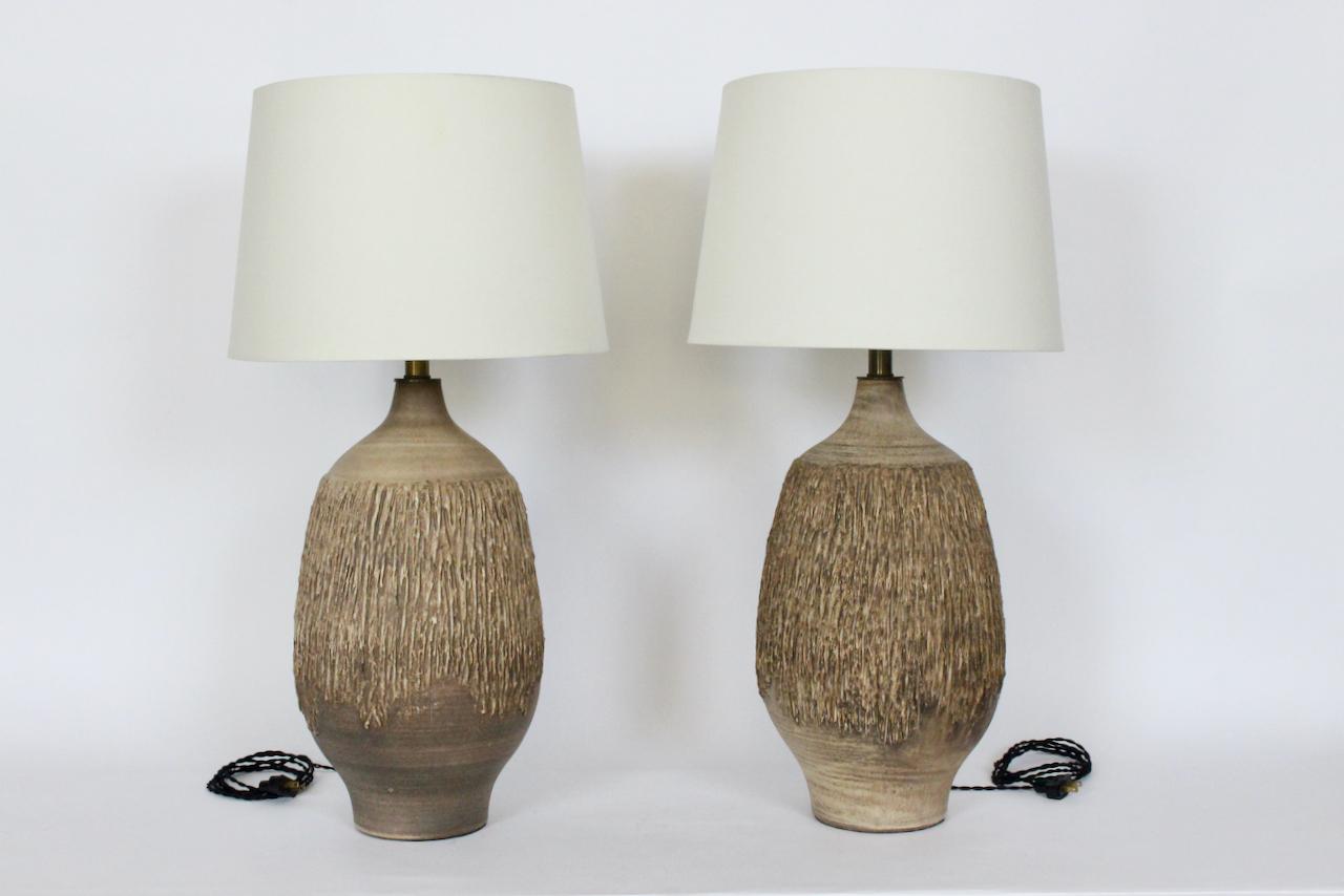 Large Pair Lee Rosen for Design-Technics Textured Taupe Pottery Lamps 13
