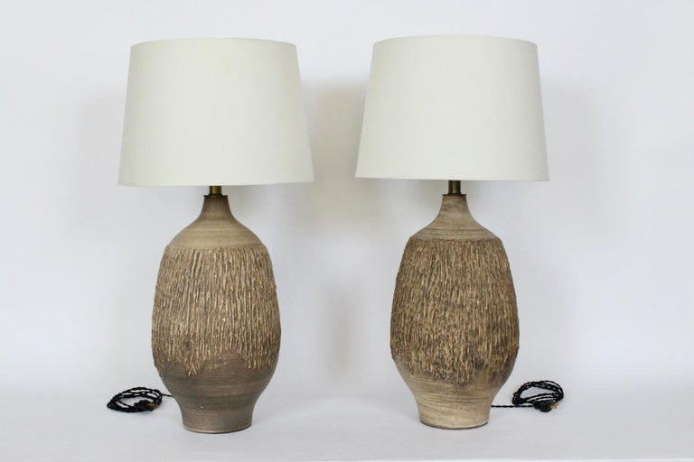Large Pair Lee Rosen for Design-Technics Textured Taupe Pottery Lamps For Sale 13
