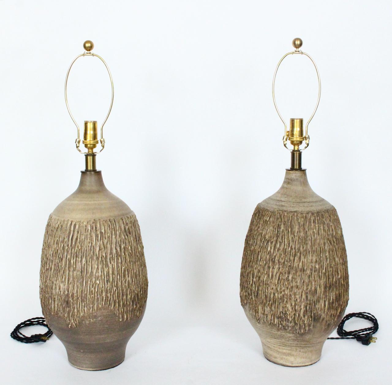 Mid-Century Modern Large Pair Lee Rosen for Design-Technics Textured Taupe Pottery Lamps