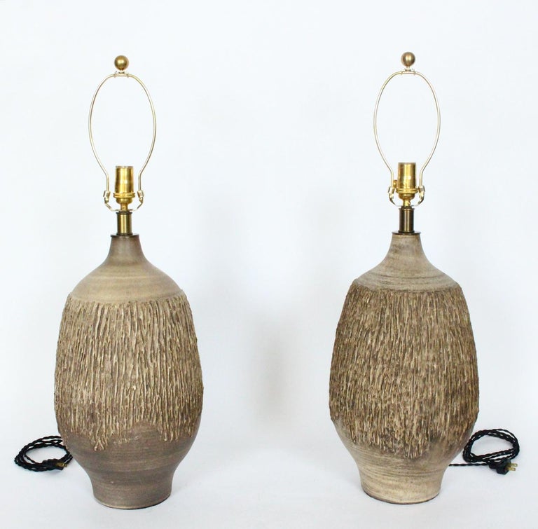 Mid-Century Modern Large Pair Lee Rosen for Design-Technics Textured Taupe Pottery Lamps For Sale