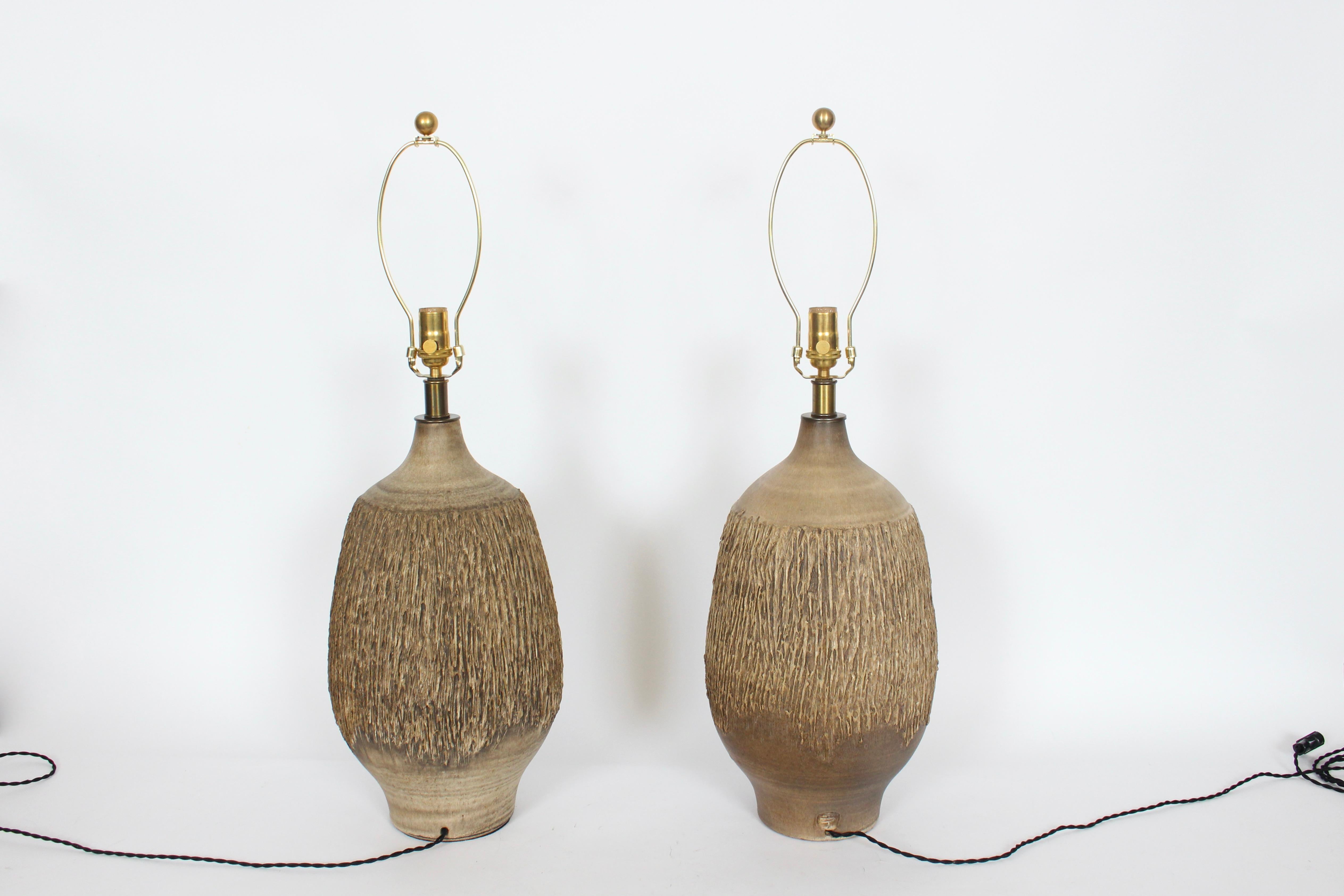 Glazed Large Pair Lee Rosen for Design-Technics Textured Taupe Pottery Lamps