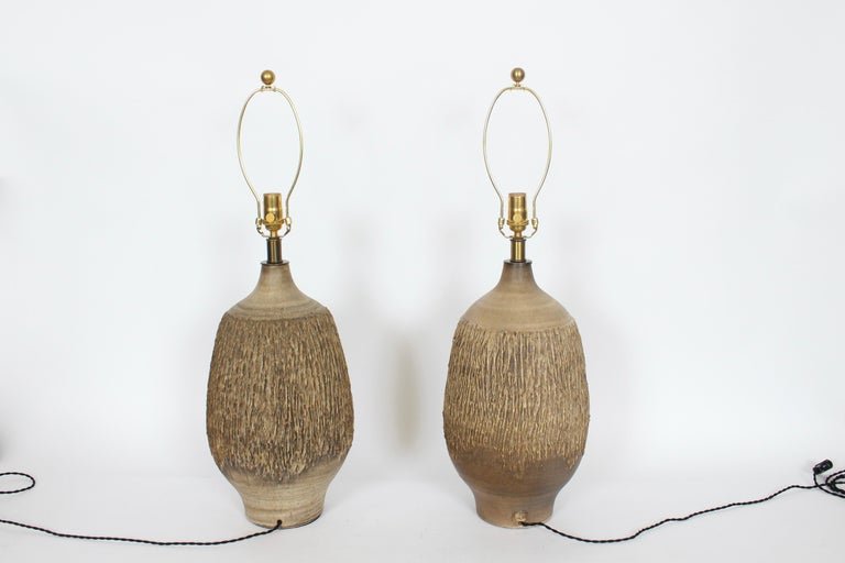 Glazed Large Pair Lee Rosen for Design-Technics Textured Taupe Pottery Lamps For Sale