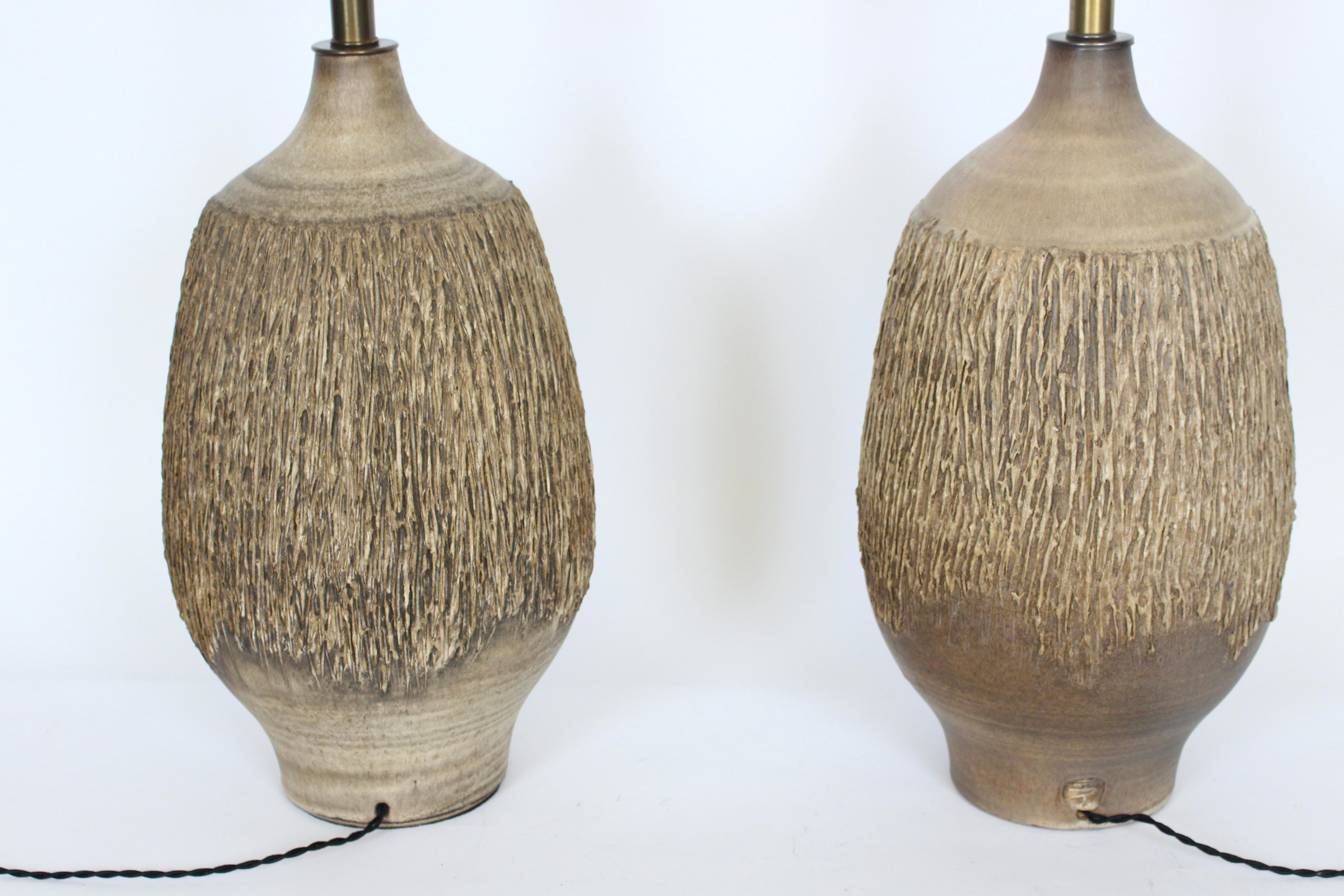 Large Pair Lee Rosen for Design-Technics Textured Taupe Pottery Lamps In Good Condition In Bainbridge, NY