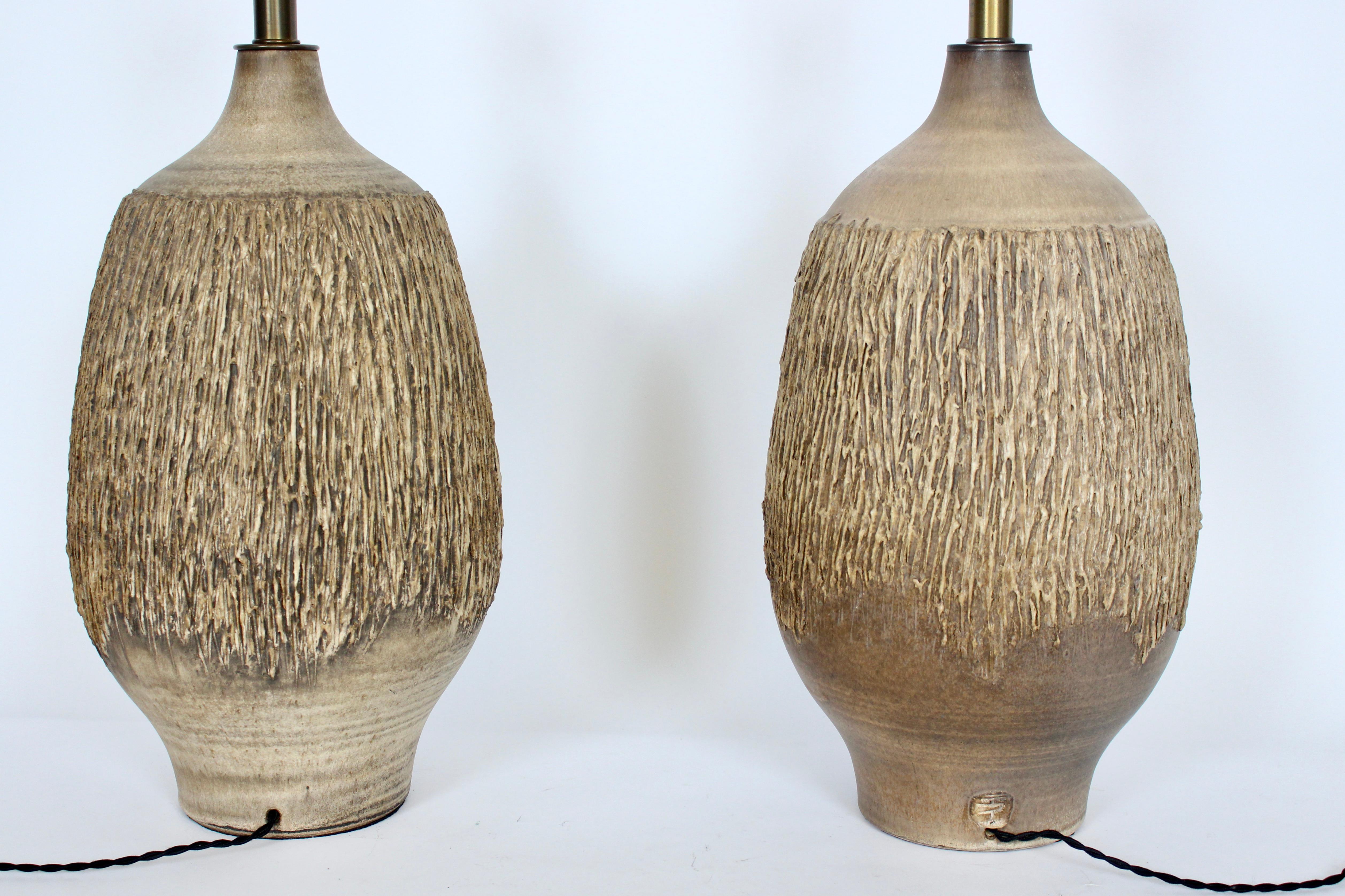 Mid-20th Century Large Pair Lee Rosen for Design-Technics Textured Taupe Pottery Lamps
