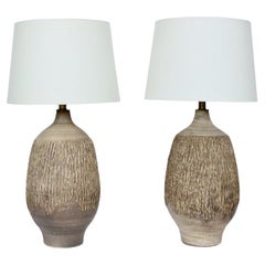 Large Pair Lee Rosen for Design-Technics Textured Taupe Pottery Lamps