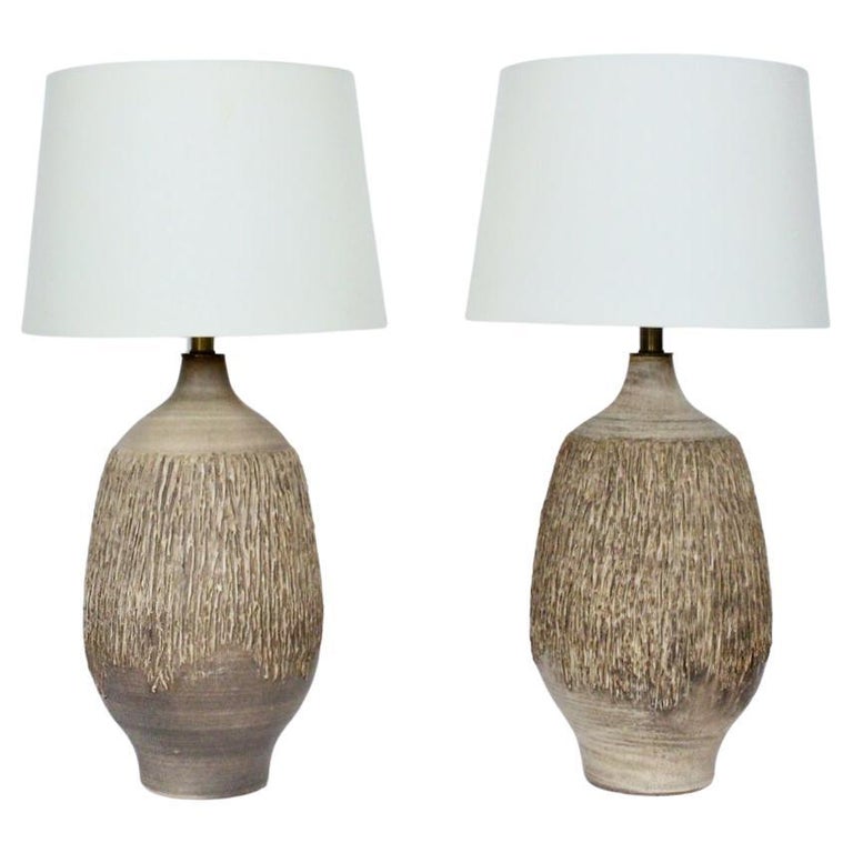 Large Pair Lee Rosen for Design-Technics Textured Taupe Pottery Lamps For Sale