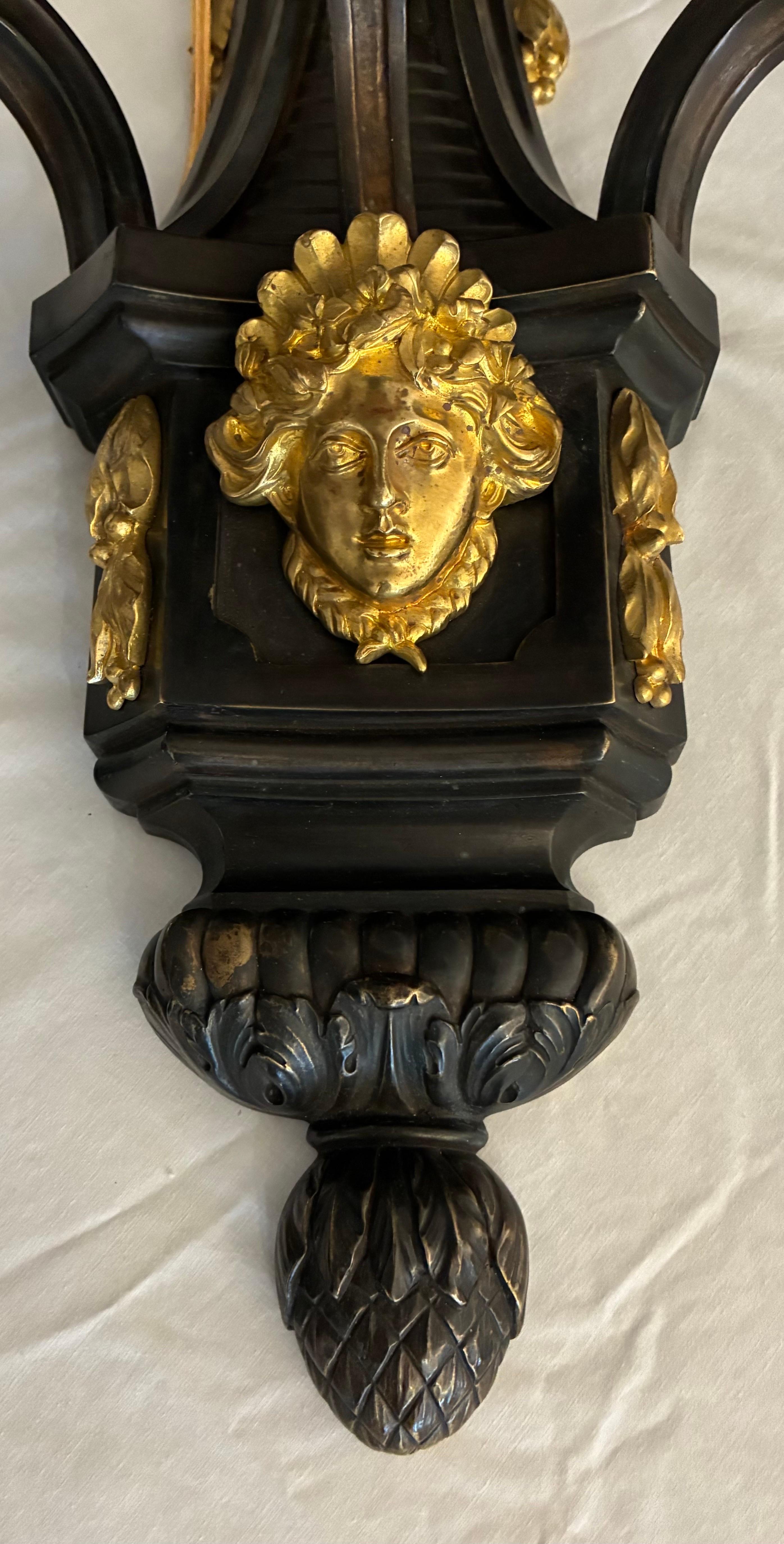 Large Pair Louis XIV Style Bronze Three Arm Sconces For Sale 4