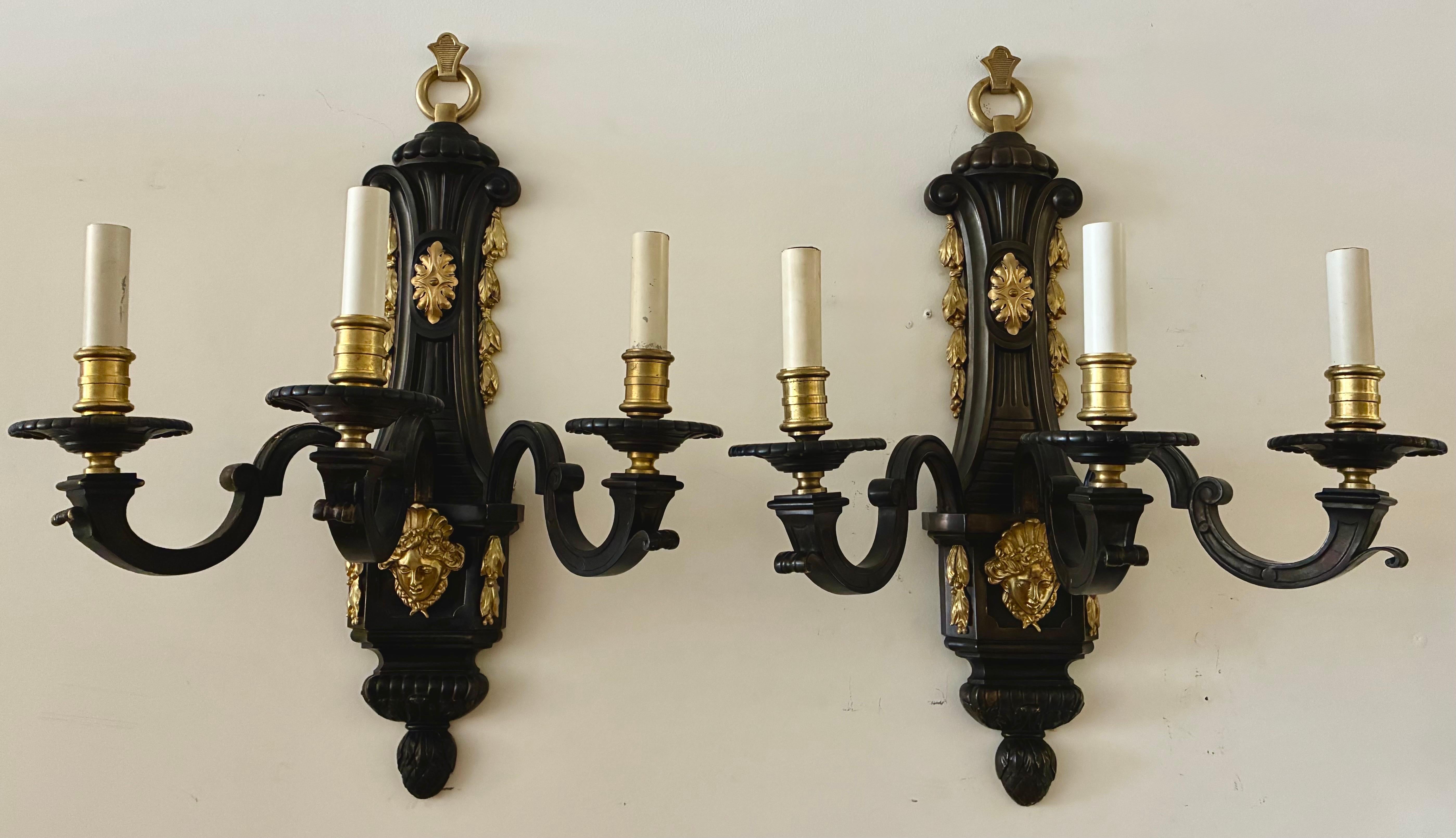 Baroque Large Pair Louis XIV Style Bronze Three Arm Sconces For Sale