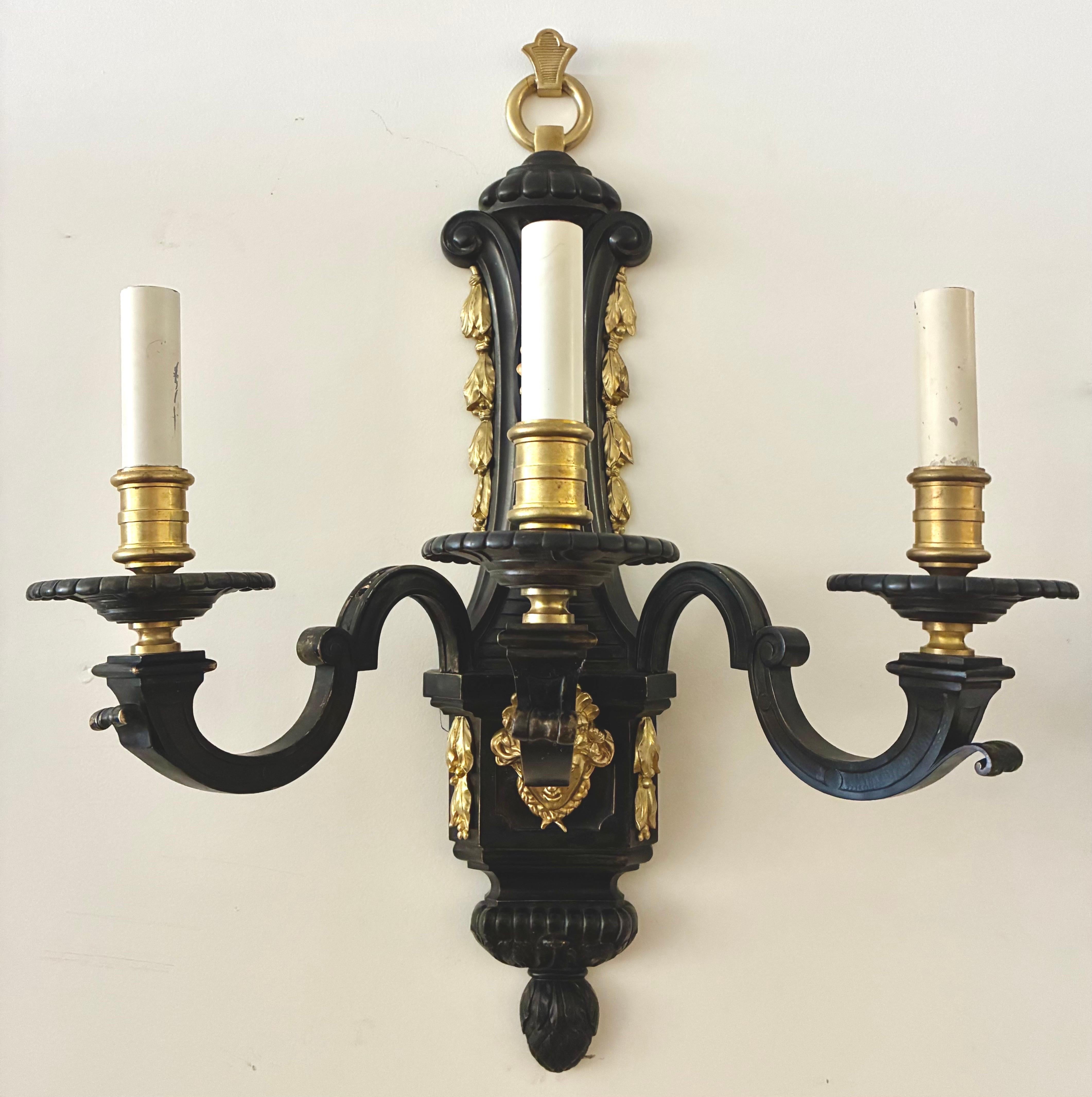 French Large Pair Louis XIV Style Bronze Three Arm Sconces For Sale