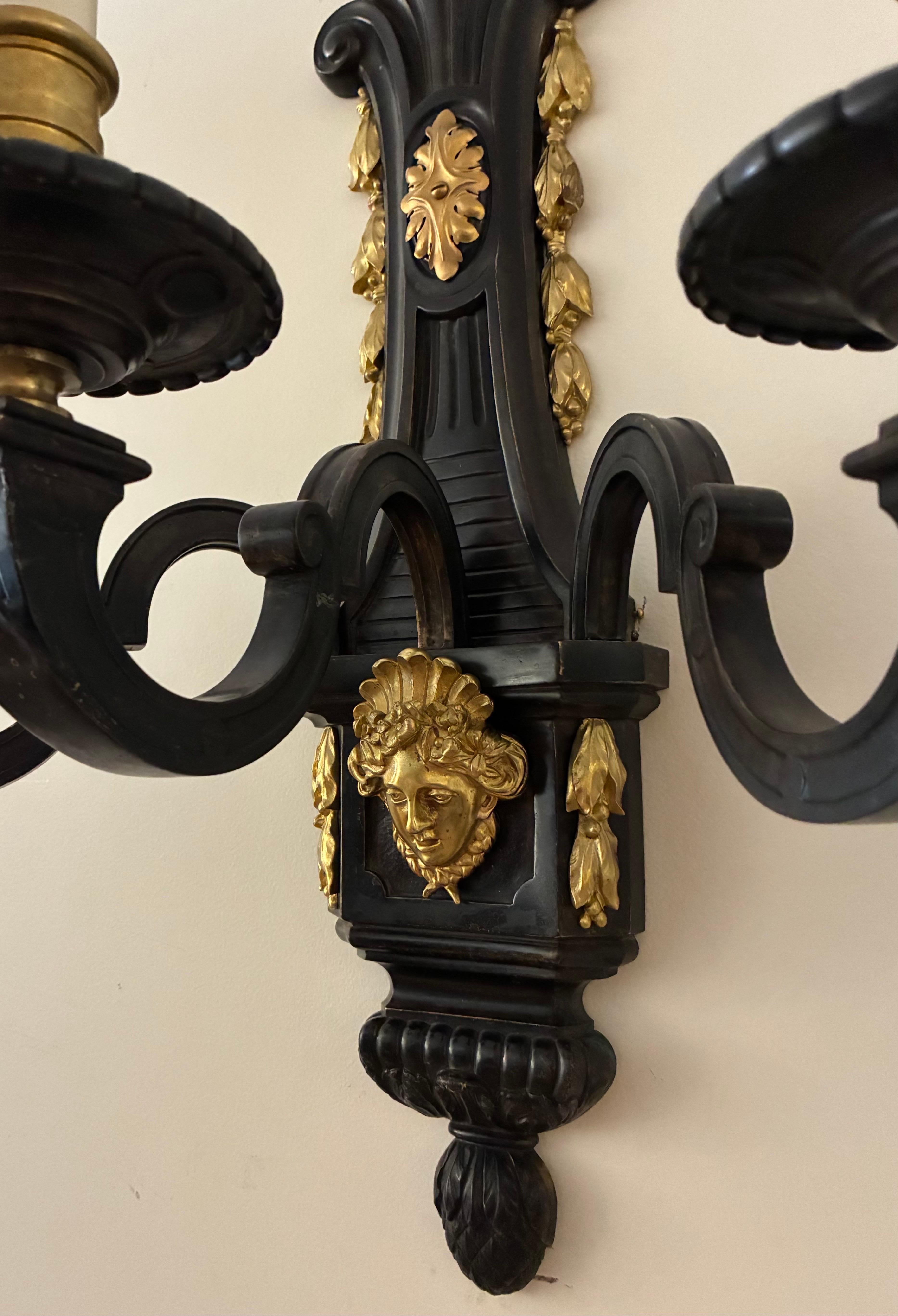 Large Pair Louis XIV Style Bronze Three Arm Sconces For Sale 1