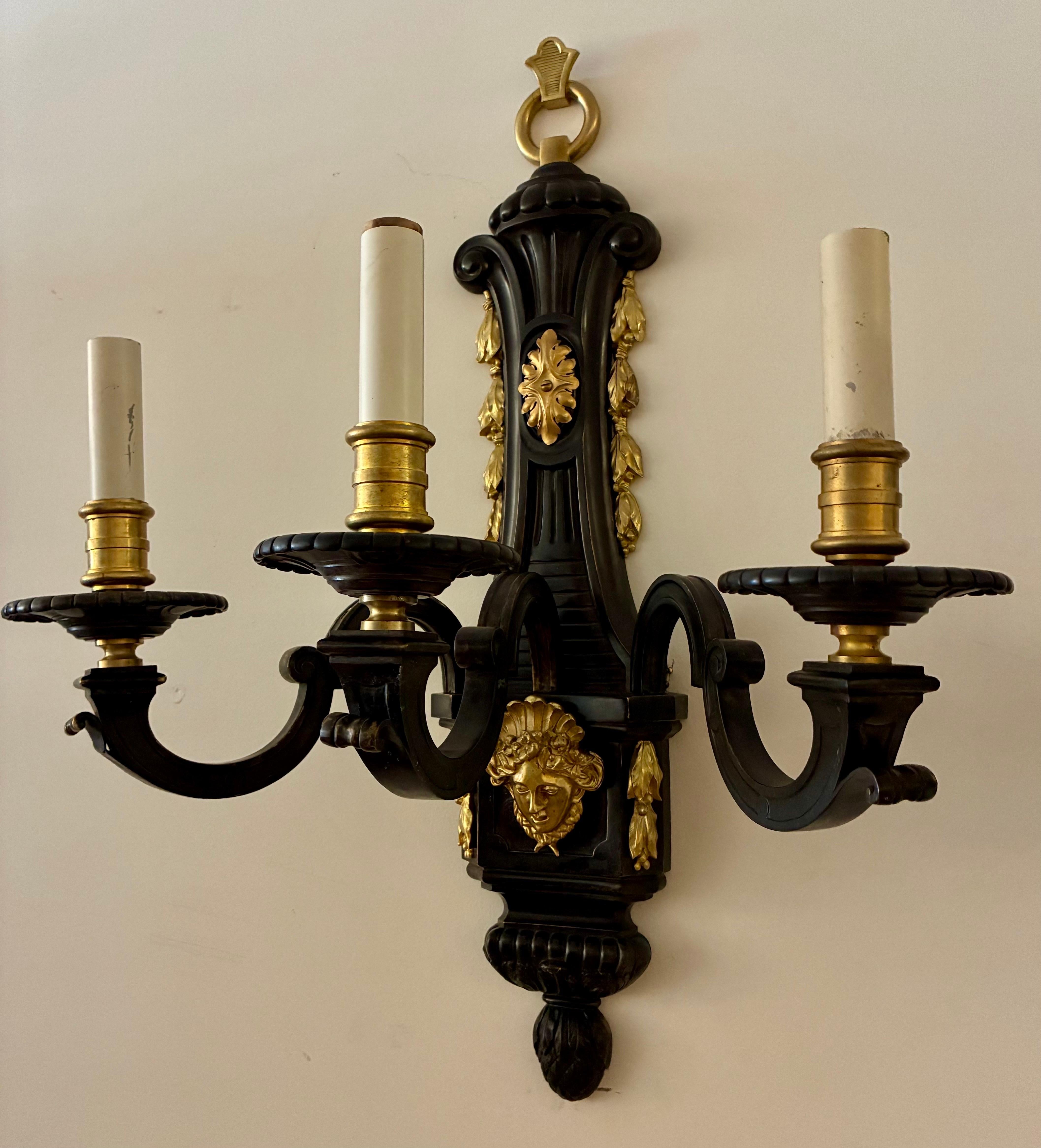 Large Pair Louis XIV Style Bronze Three Arm Sconces For Sale 2