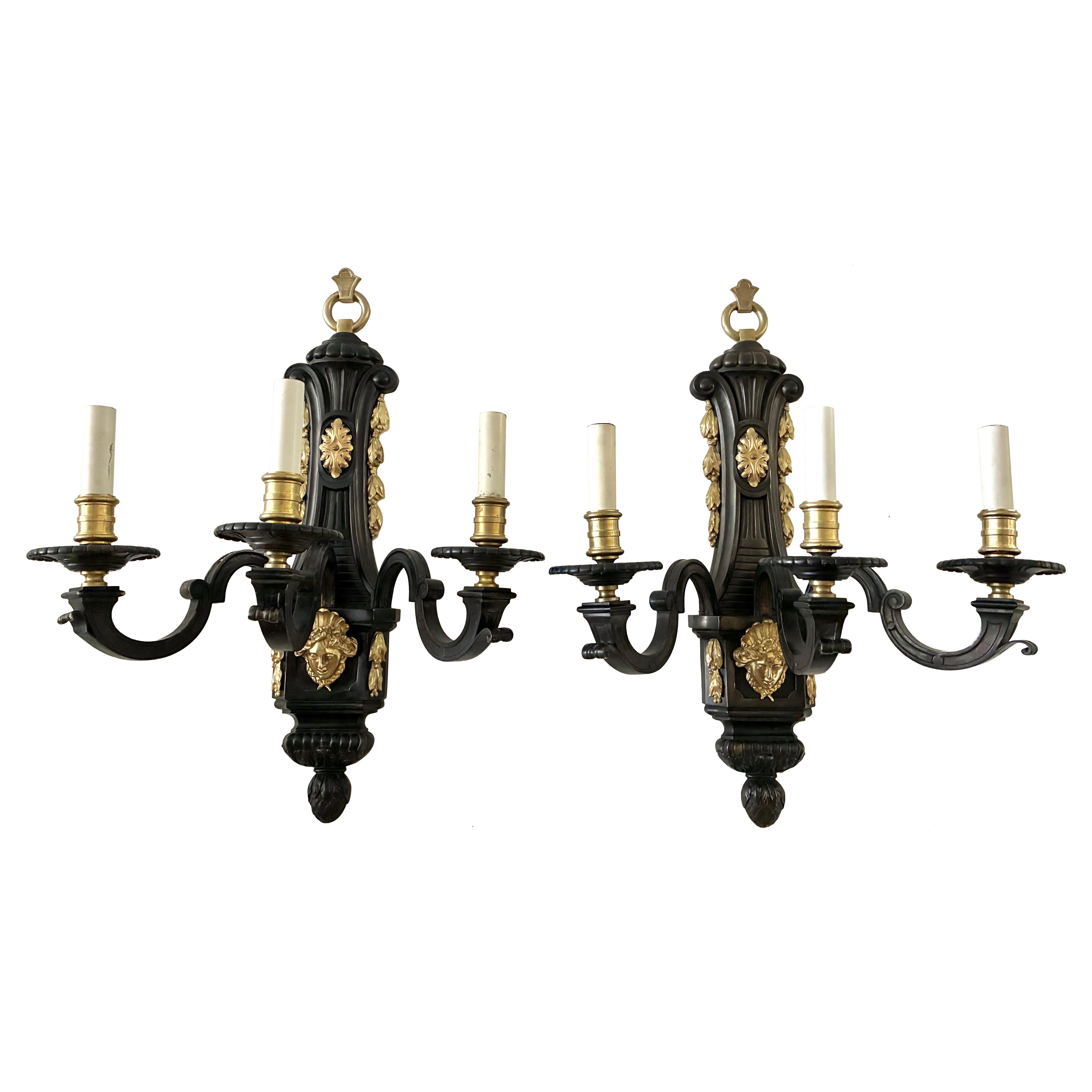 Large Pair Louis XIV Style Bronze Three Arm Sconces For Sale