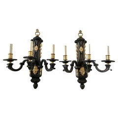 Large Pair Louis XIV Style Bronze Three Arm Sconces