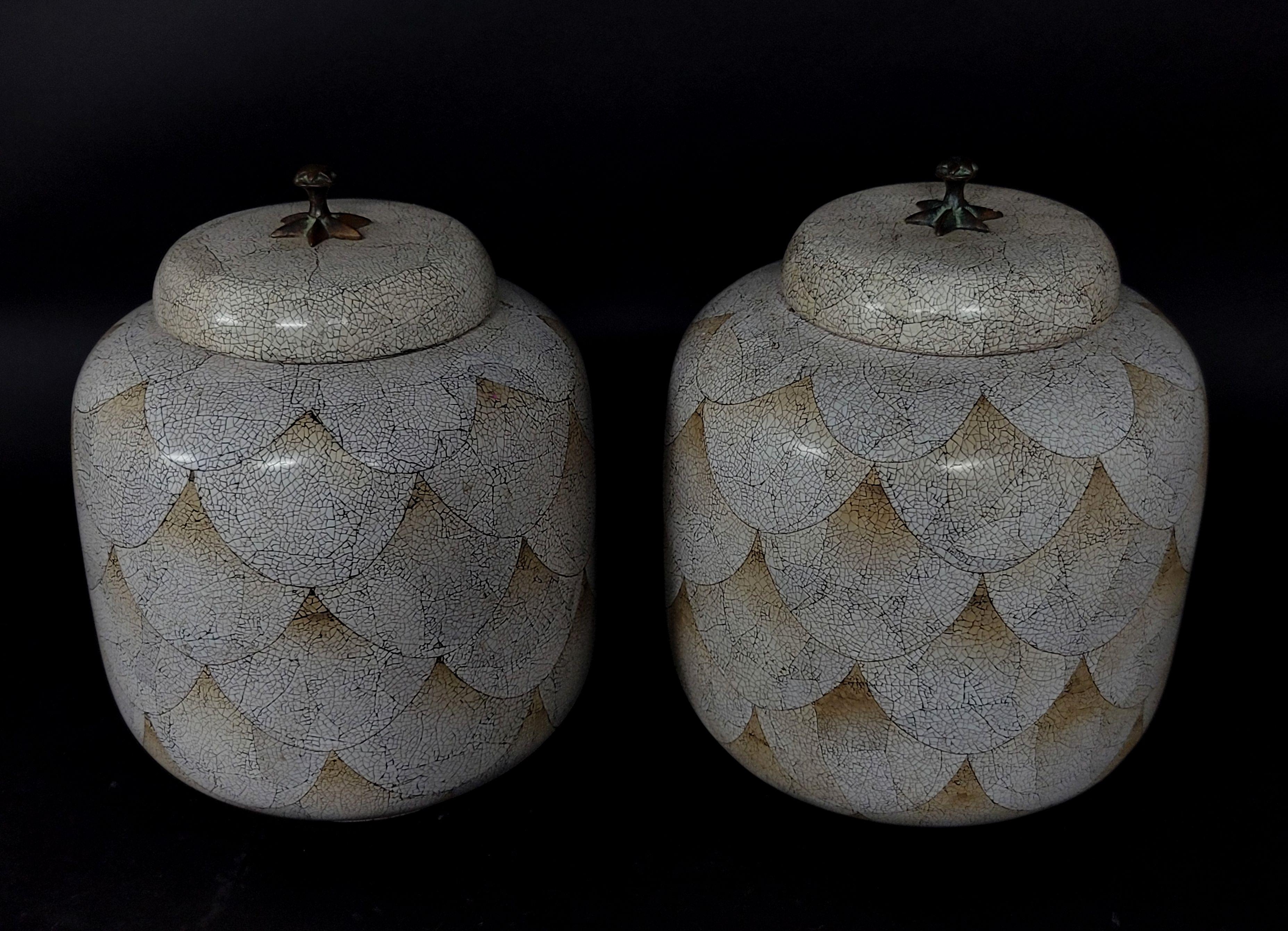 Chinese Large Pair Maitland Smith White and Tanned Cloisonné Lidded Ginger Jars