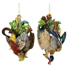 Antique Large Pair Majolica Game Birds Wall Pockets