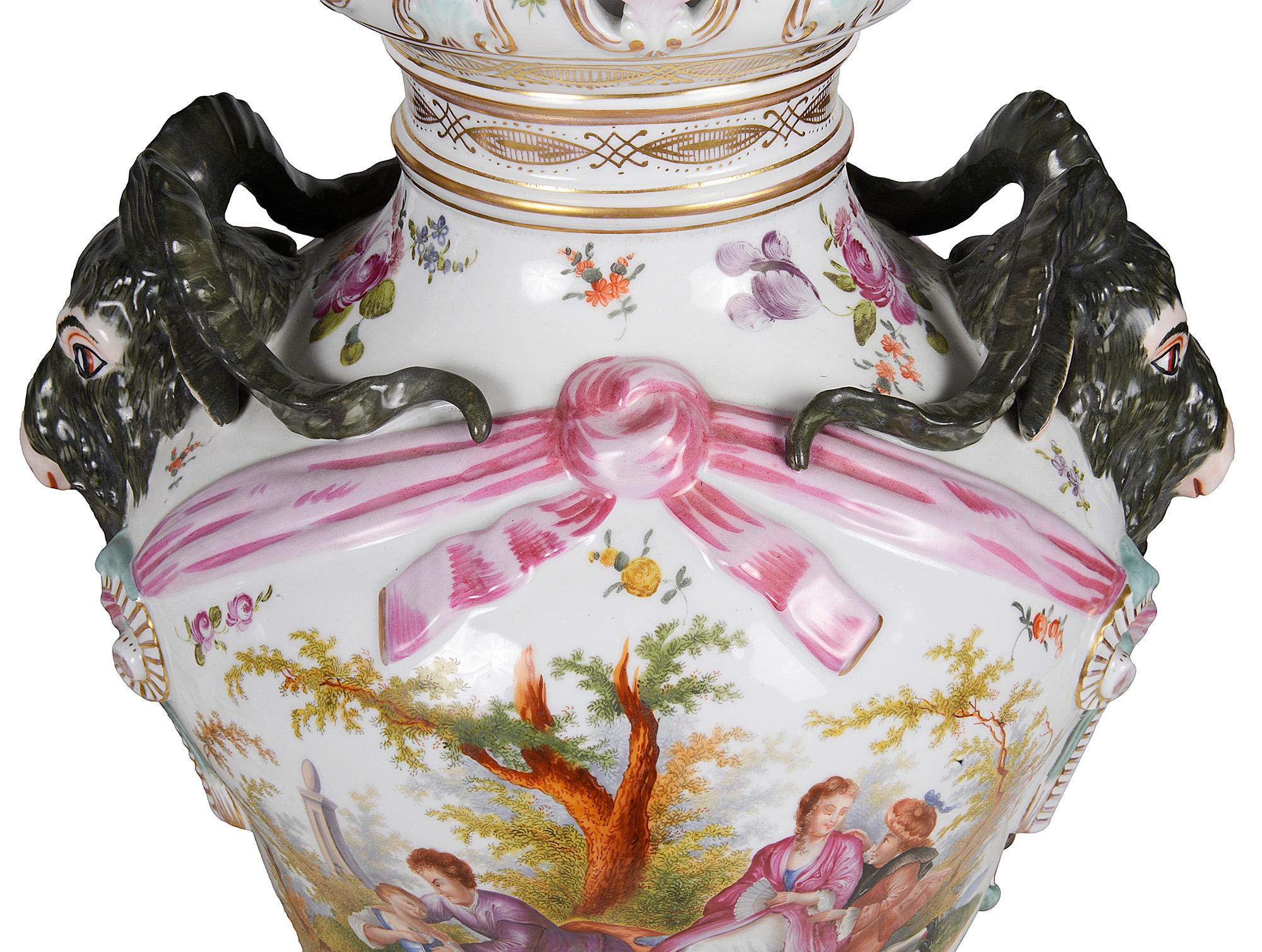 German Large Pair Meissen Style Porcelain Lidded Vases, 19th Century For Sale