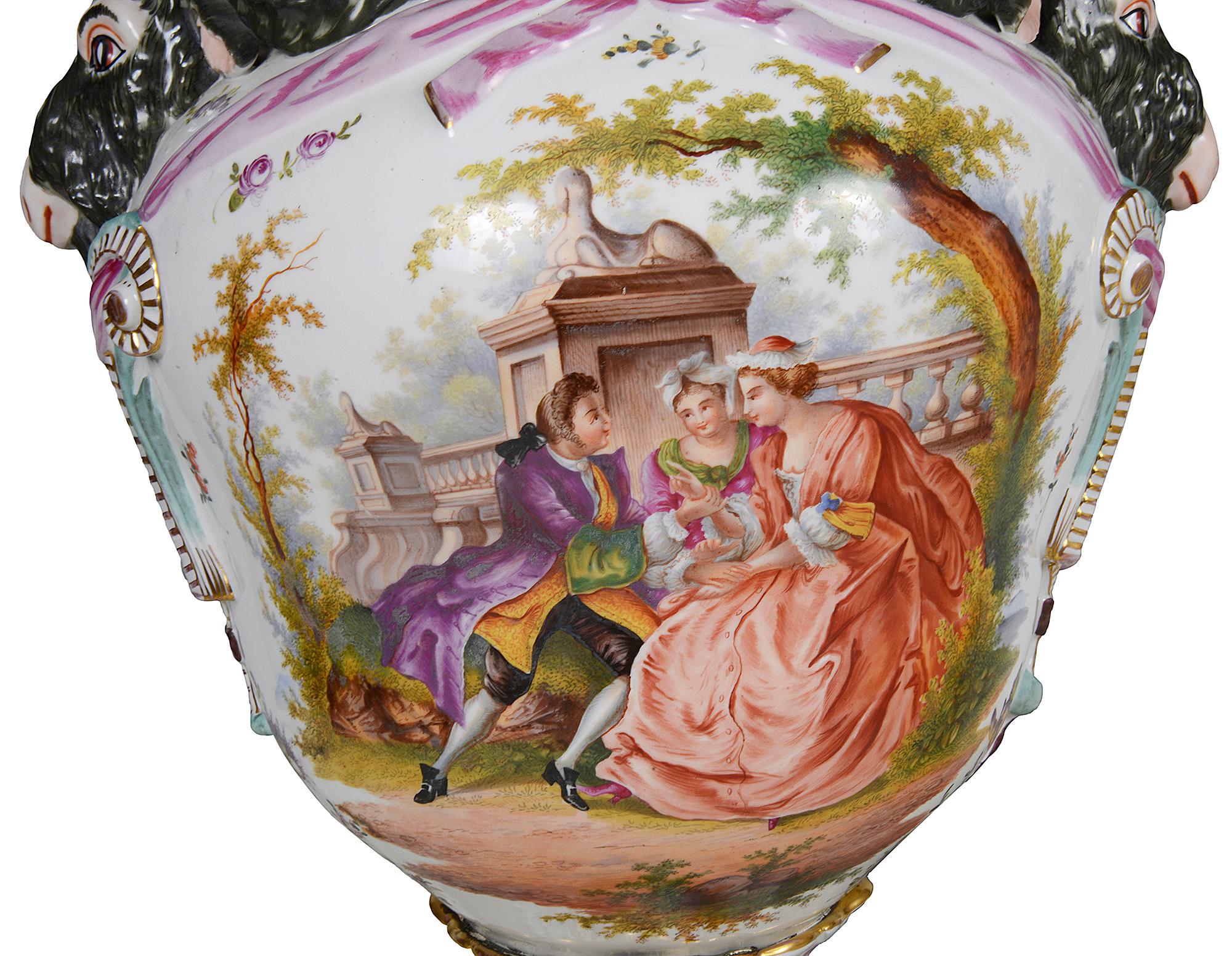 Hand-Painted Large Pair Meissen Style Porcelain Lidded Vases, 19th Century For Sale