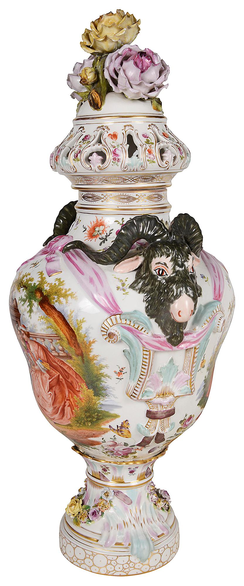 Large Pair Meissen Style Porcelain Lidded Vases, 19th Century For Sale 1