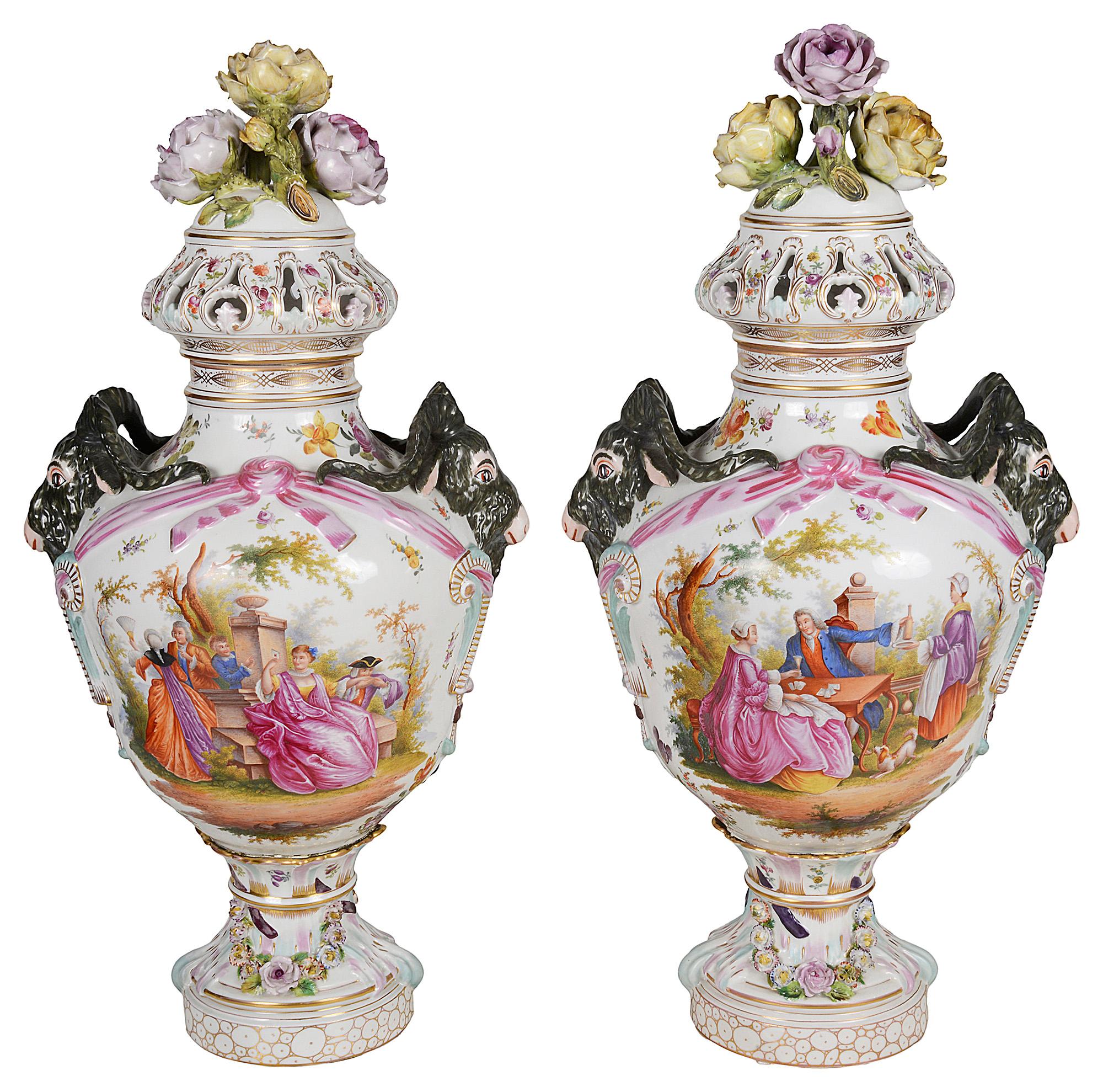 Large Pair Meissen Style Porcelain Lidded Vases, 19th Century For Sale 3