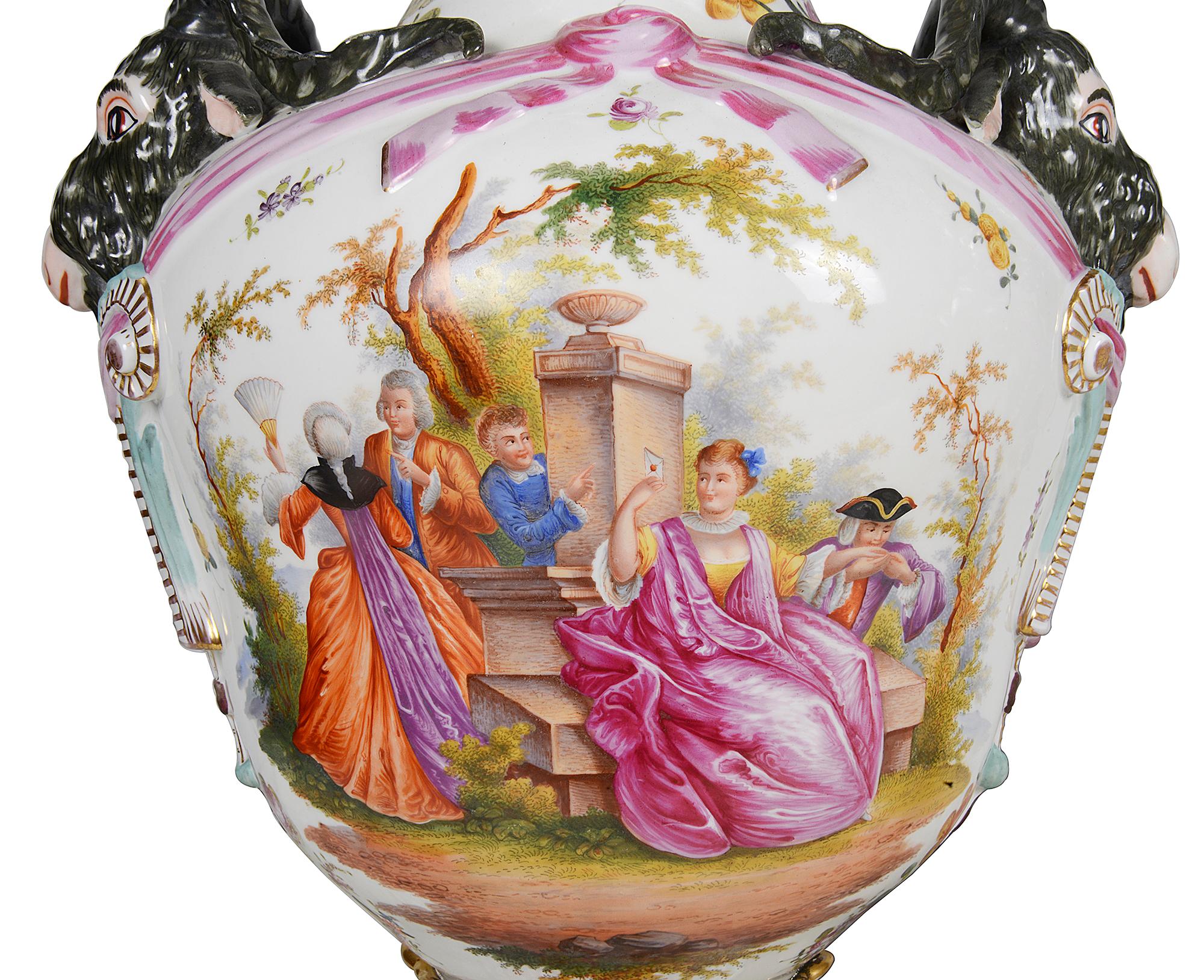 Large Pair Meissen Style Porcelain Lidded Vases, 19th Century For Sale 4
