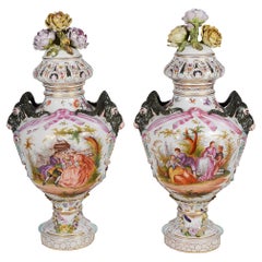Large Pair Meissen Style Porcelain Lidded Vases, 19th Century