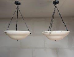 Large Pair Midcentury Art Deco Style Alabaster Bowl Pendant Chandeliers