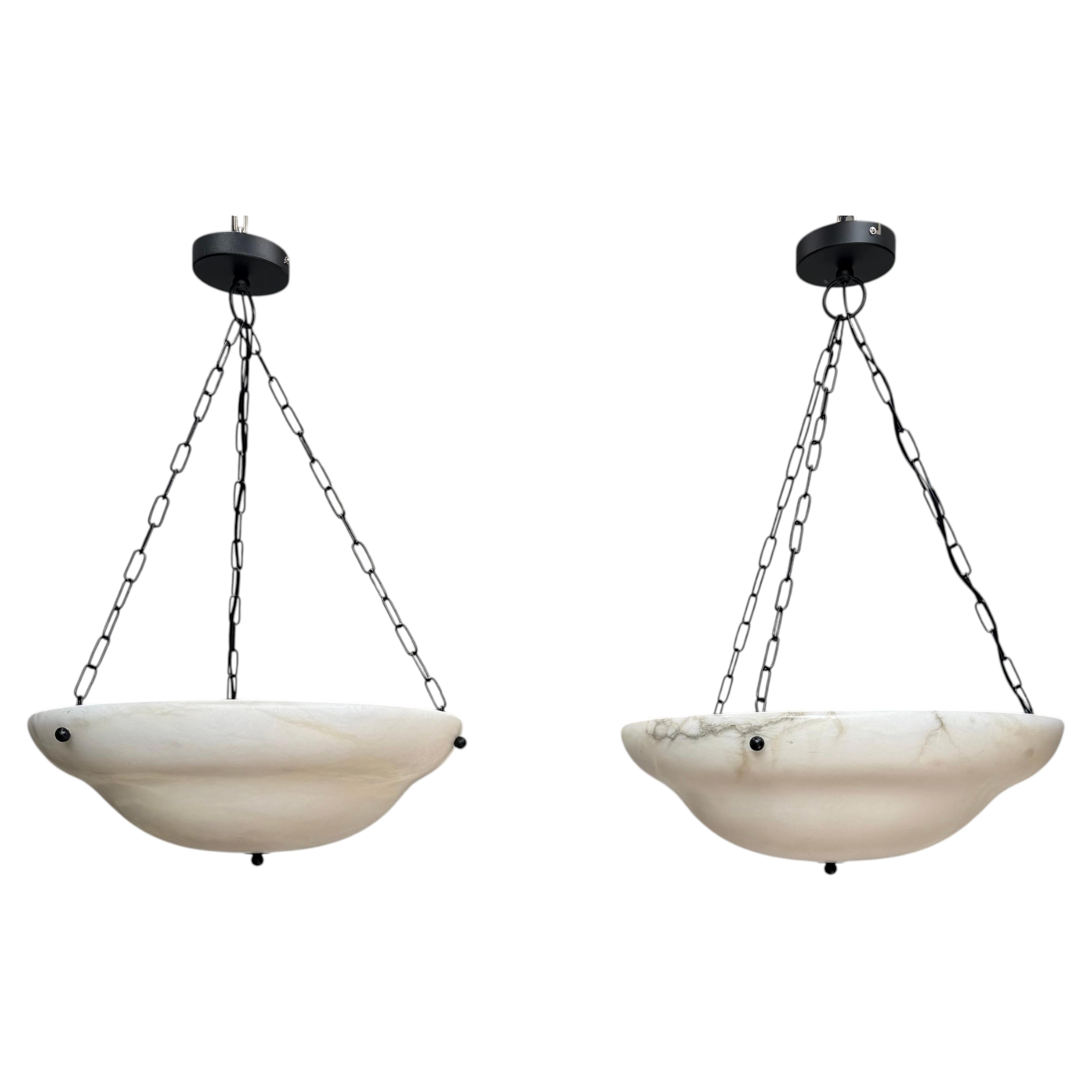Large Pair Midcentury Art Deco Style Alabaster Bowl Pendant Chandeliers