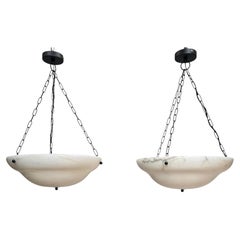 Large Pair Midcentury Art Deco Style Alabaster Bowl Pendant Chandeliers