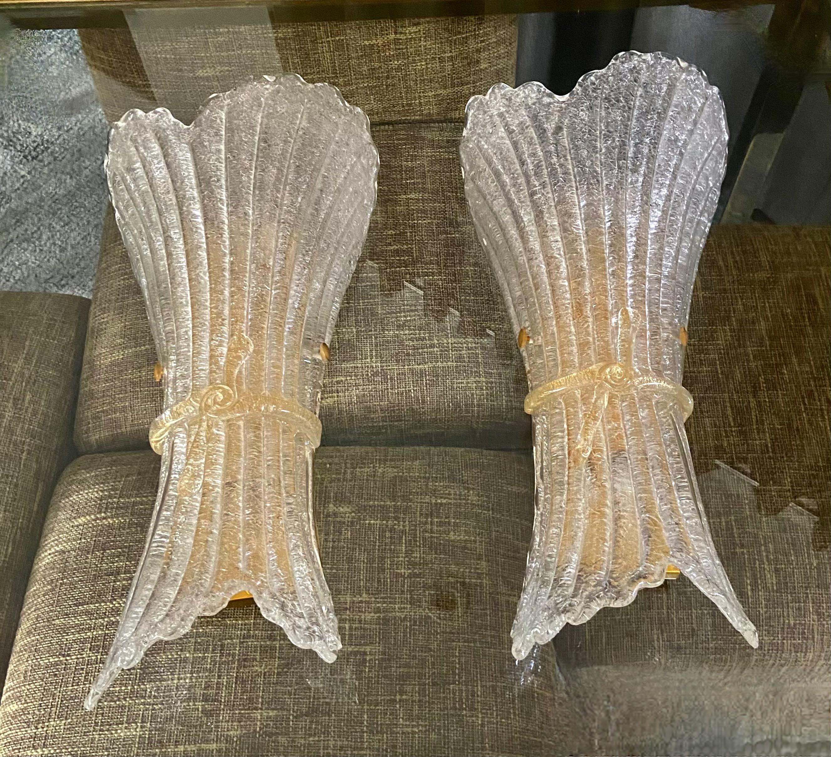 Large Pair Murano Glass Fluted Leaf Wall Sconces 5