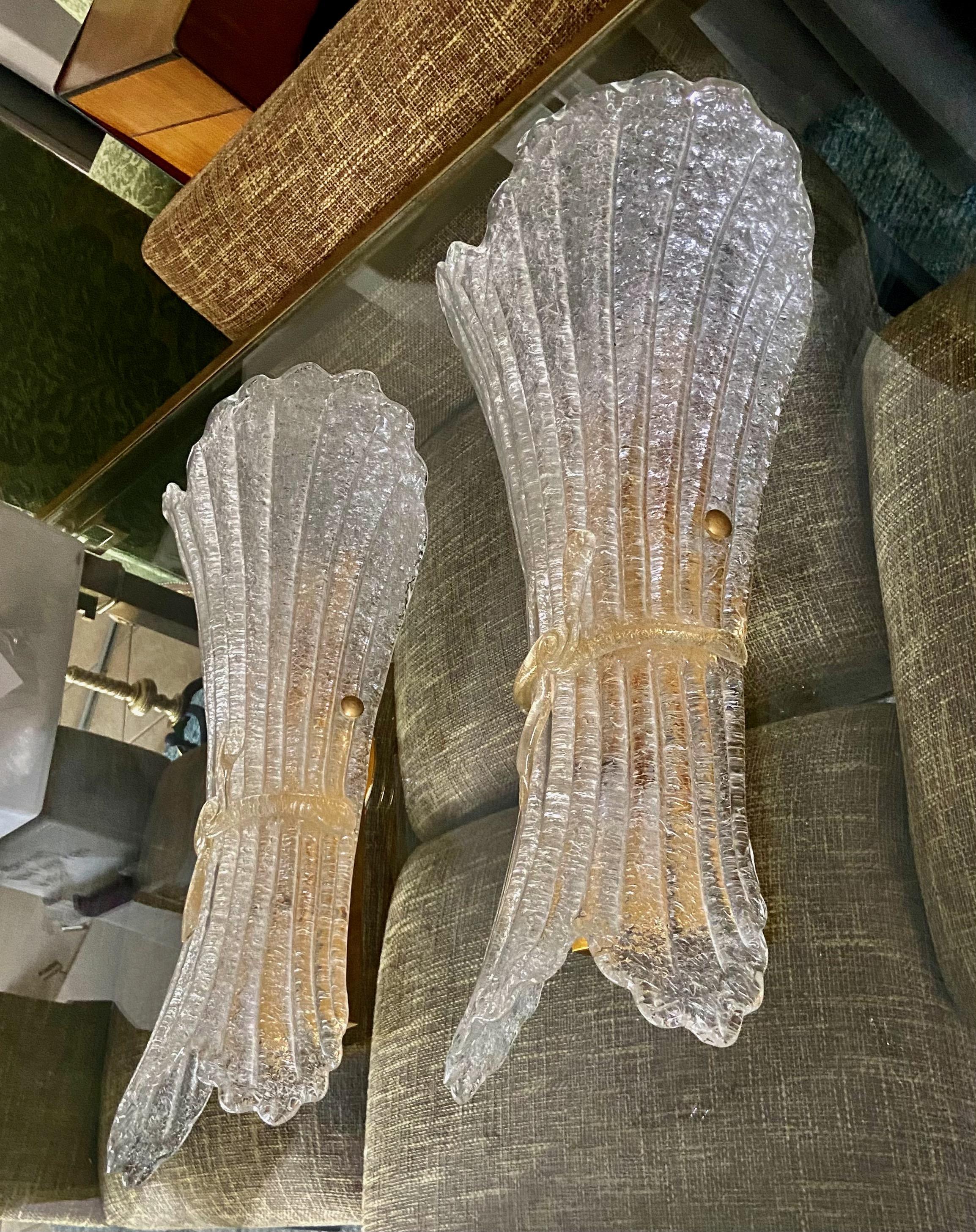 Large Pair Murano Glass Fluted Leaf Wall Sconces 6