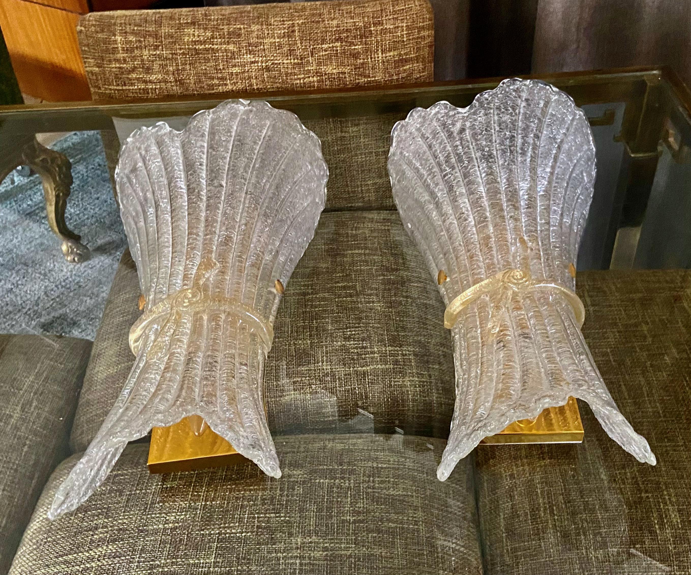 Large Pair Murano Glass Fluted Leaf Wall Sconces 7
