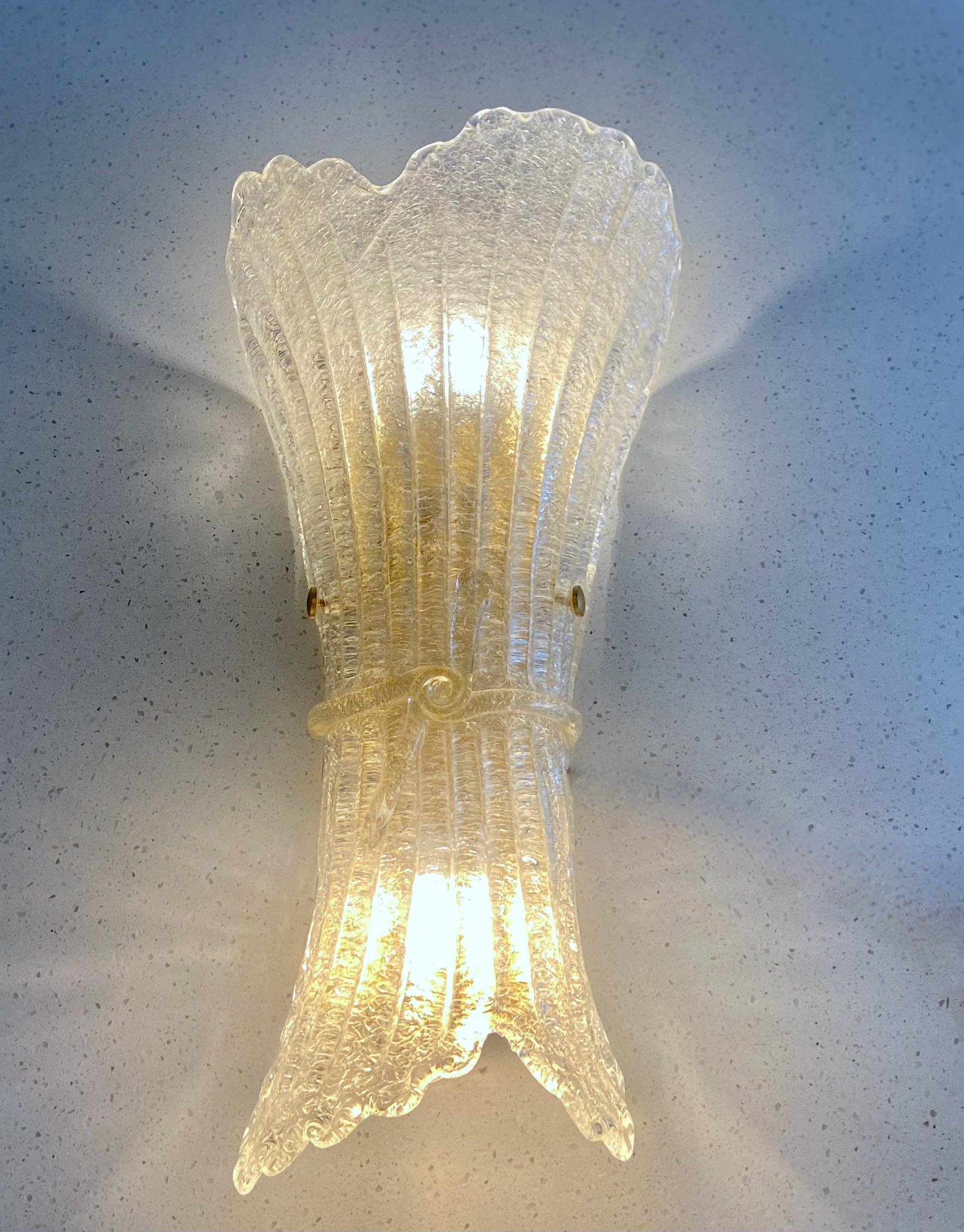 Large Pair Murano Glass Fluted Leaf Wall Sconces 12