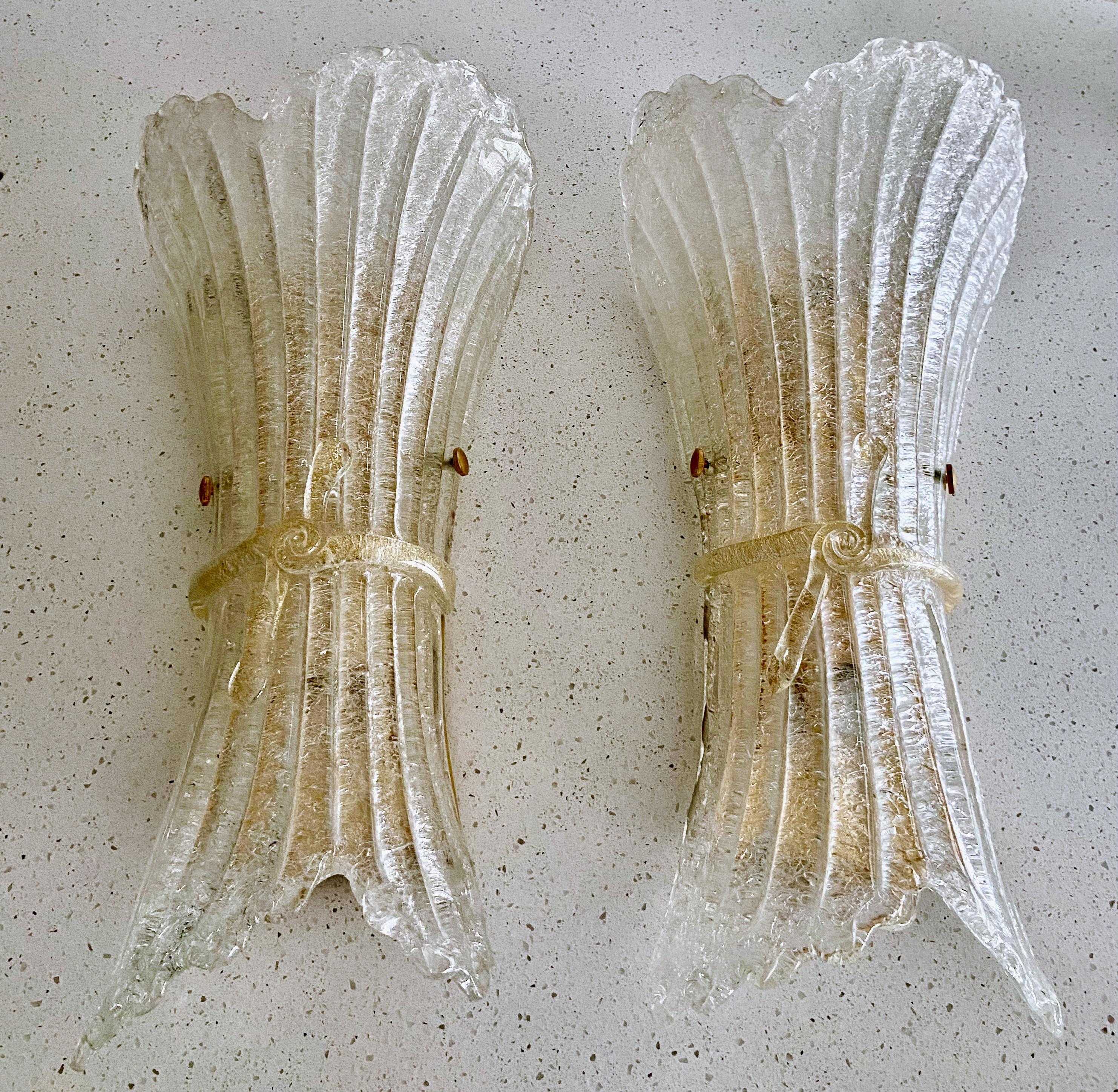 Large Pair Murano Glass Fluted Leaf Wall Sconces 13