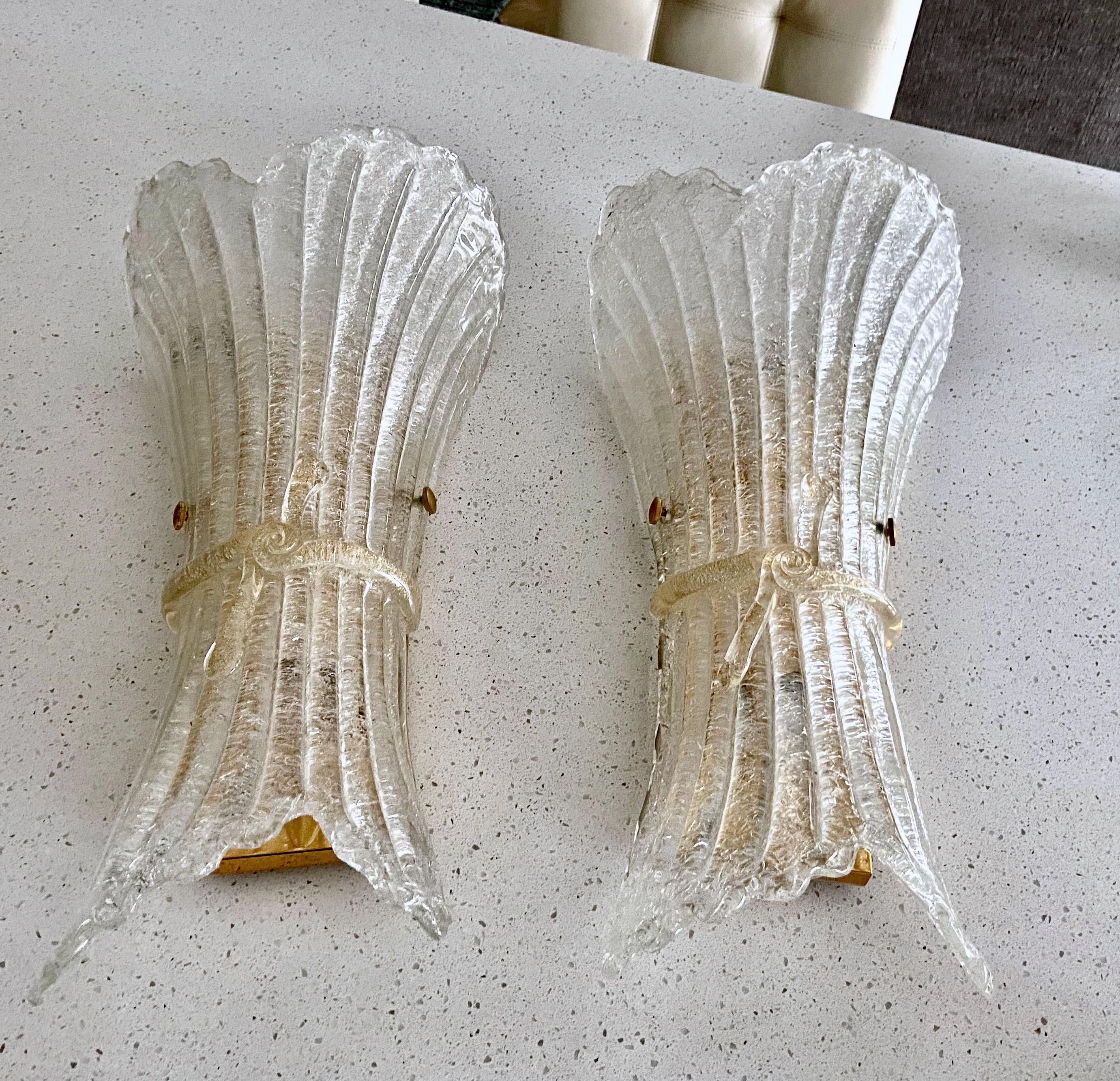 Italian Large Pair Murano Glass Fluted Leaf Wall Sconces