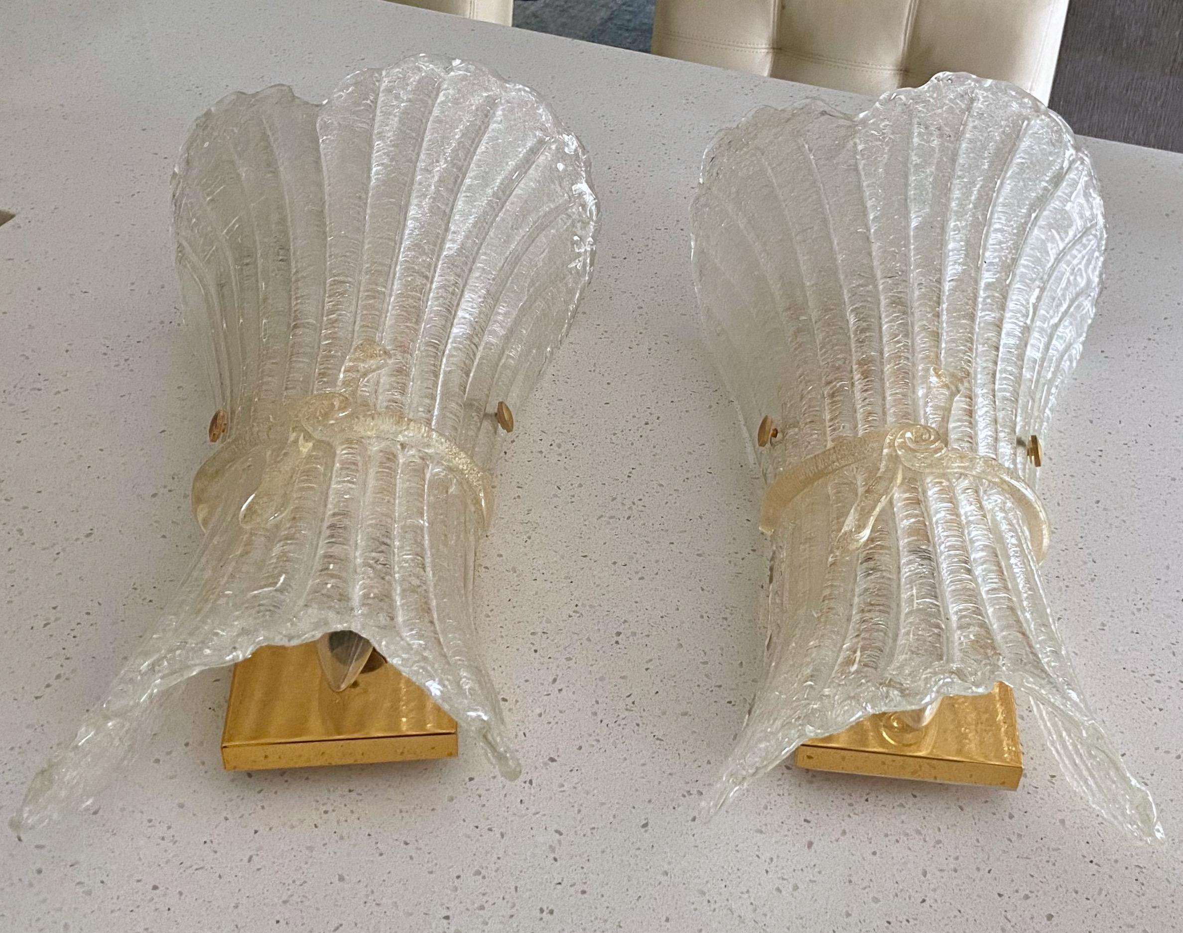 Large Pair Murano Glass Fluted Leaf Wall Sconces In Excellent Condition In Palm Springs, CA