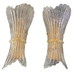 Large Pair Murano Glass Fluted Leaf Wall Sconces