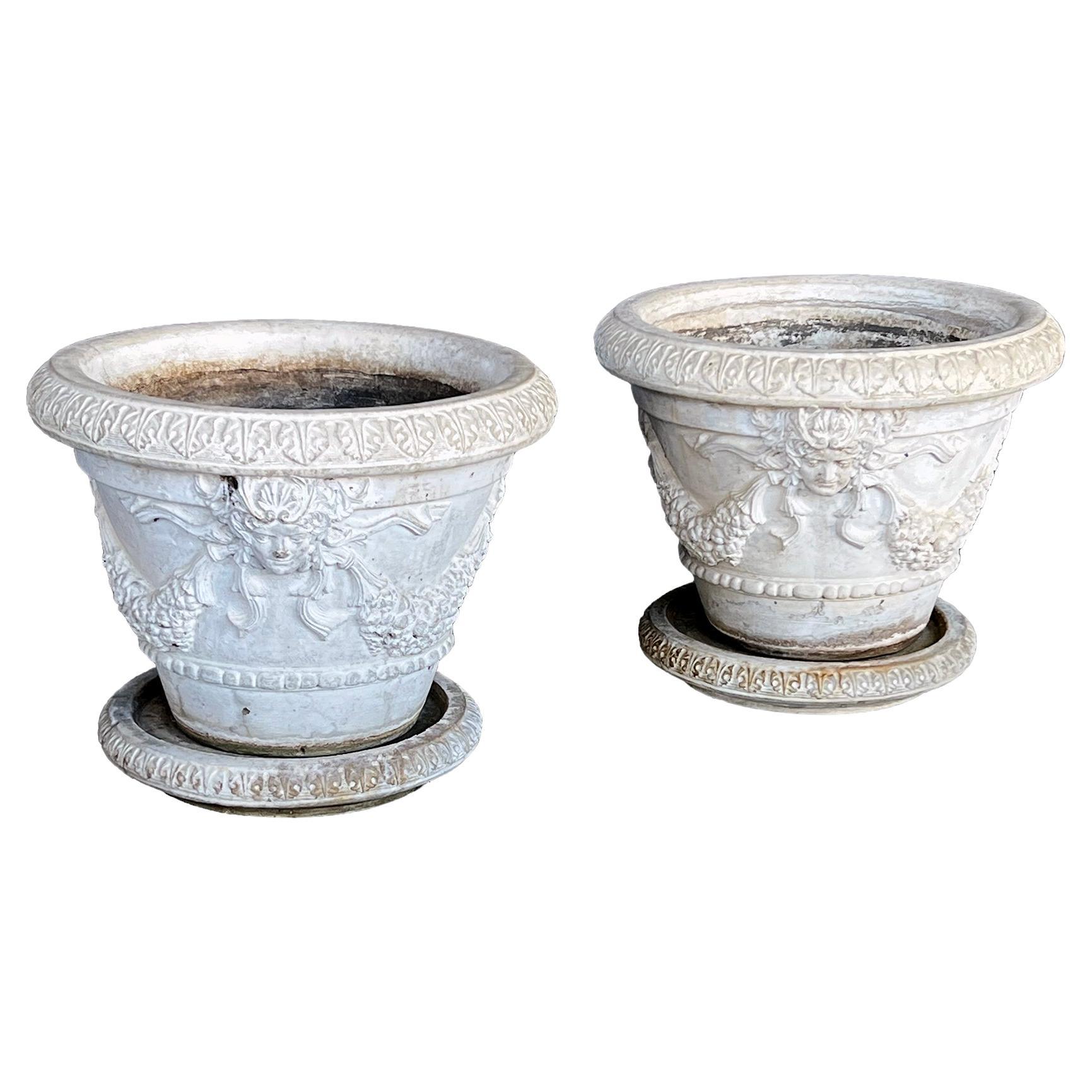 Large Pair Neoclassical Style Cast Stone Planters with Undertrays For Sale