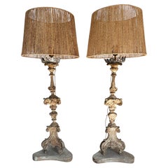 Large Pair of 18th Century Carved Wooden Candlesticks Converted to Lamps