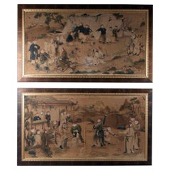Large Pair of 18th Century Chinese Chinoiserie Landscape Paintings 