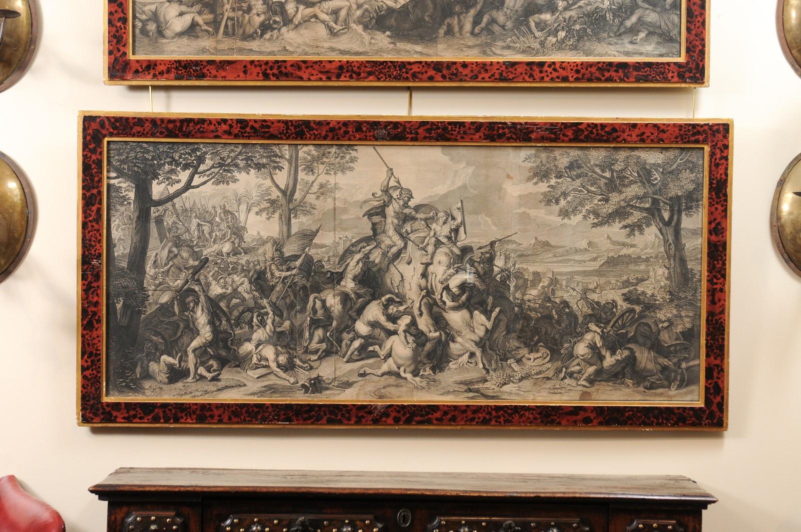 Grande coppia di incisioni di scene di battaglia continentali del XVIII secolo In condizioni discrete in vendita a Atlanta, GA