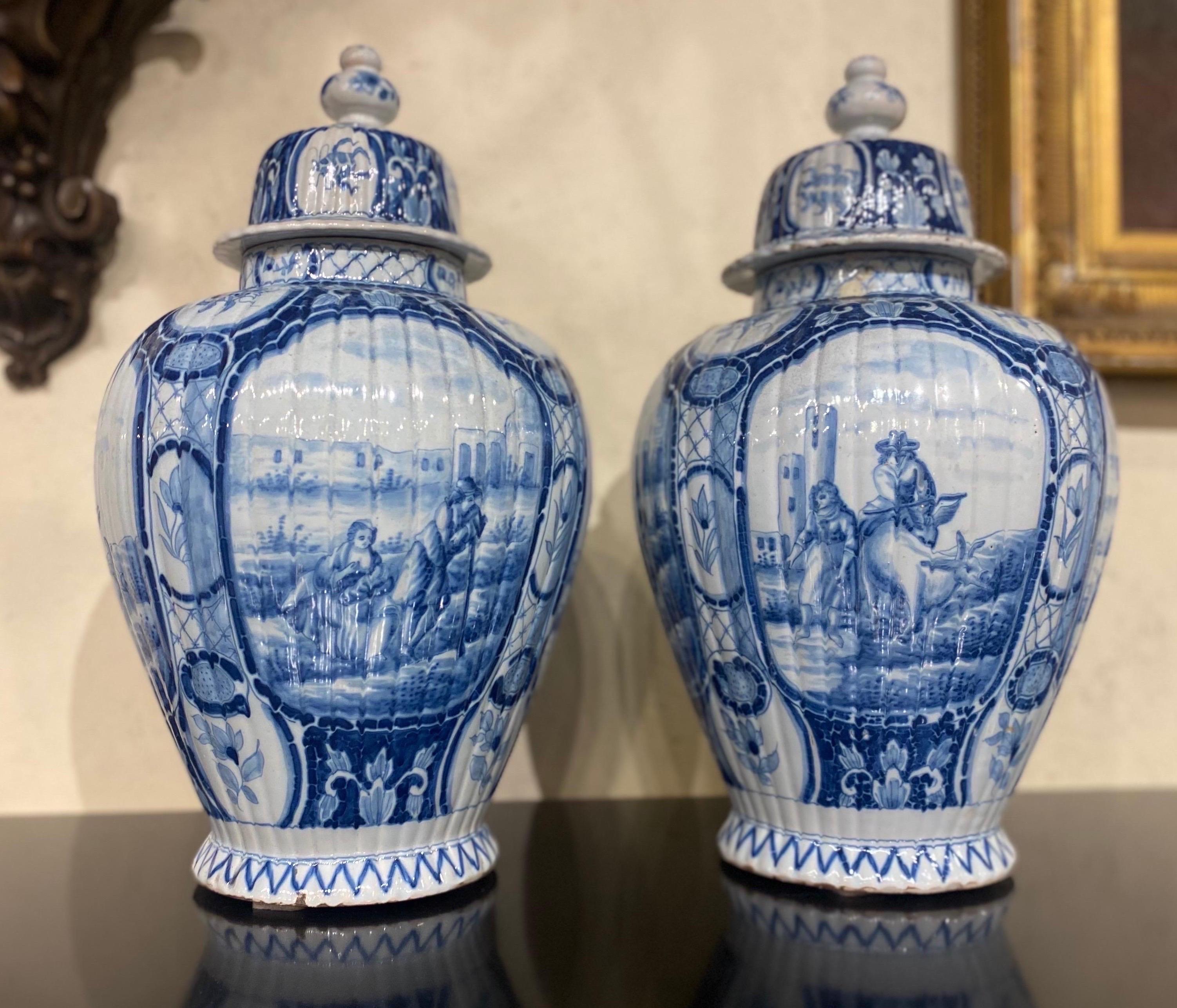 18th Century and Earlier Large Pair of 18th Century Dutch Delft Jars with Lids