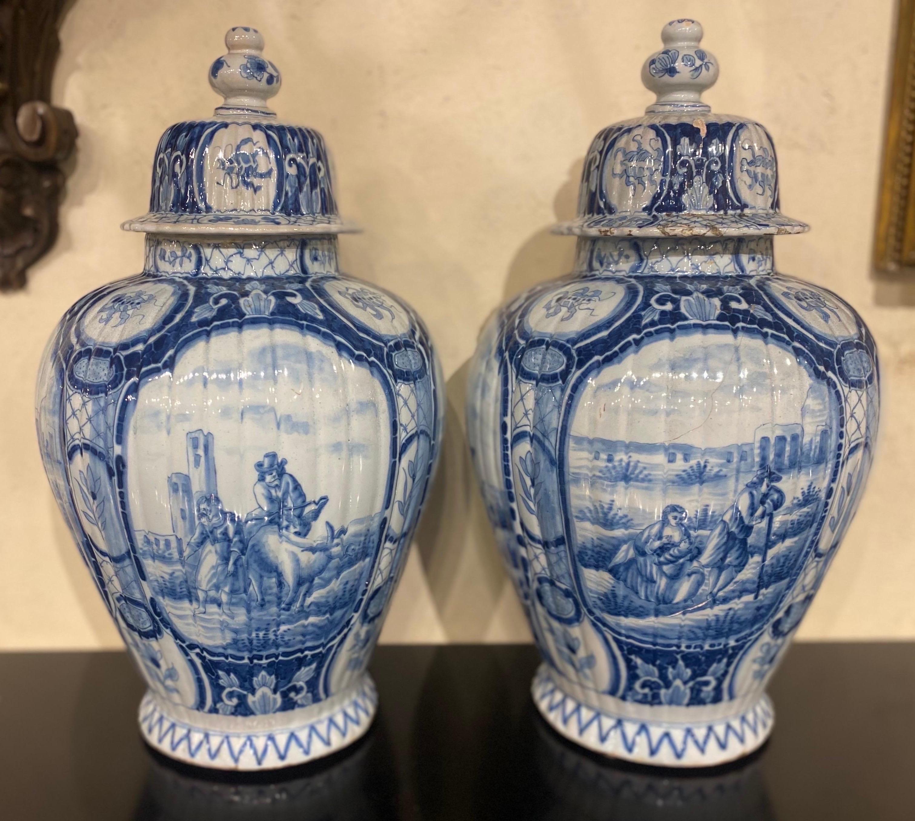 Large Pair of 18th Century Dutch Delft Jars with Lids 4
