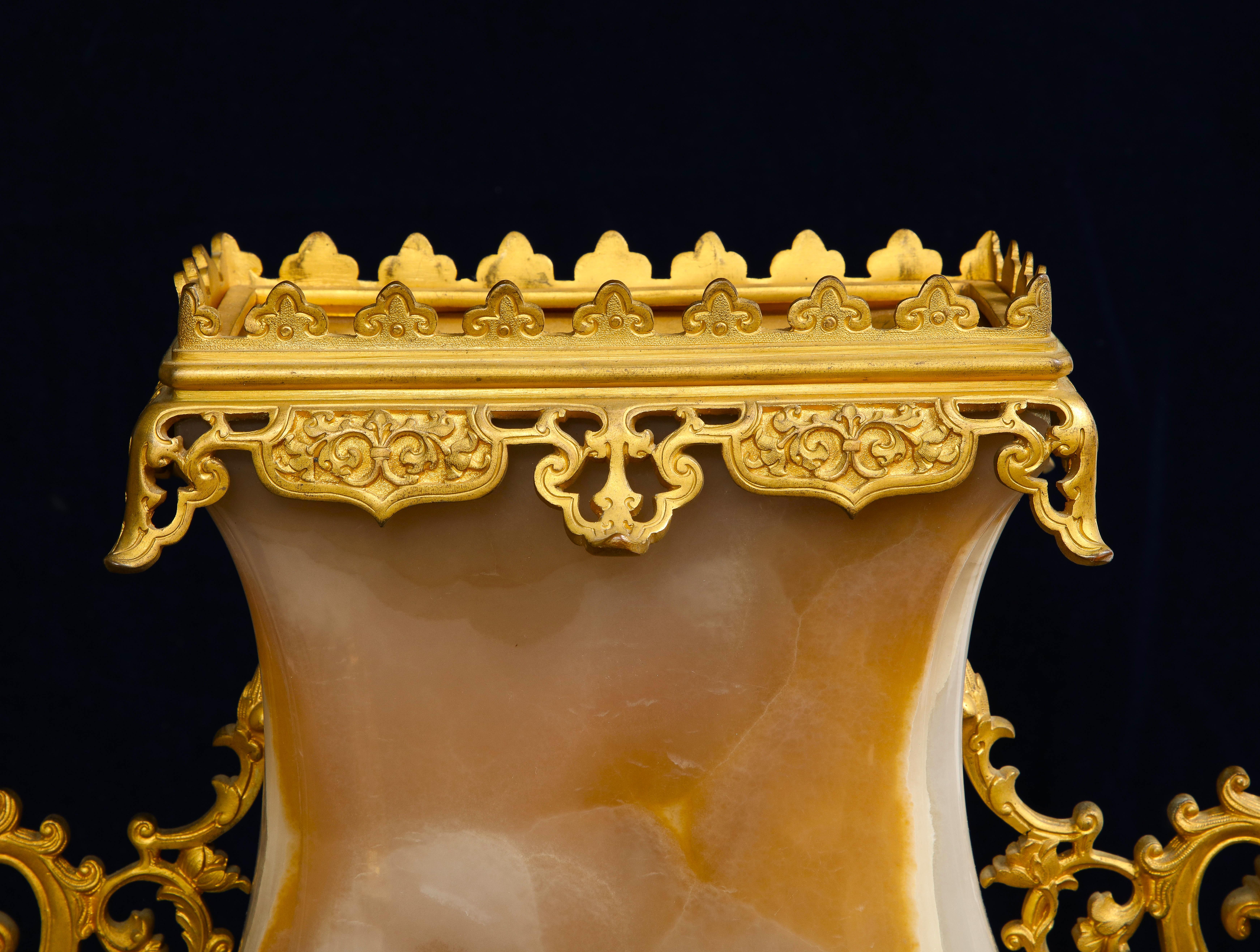 Large Pair of 19 C. French Ormolu Mounted Carved Agate Vases, Att. to E. Lievre For Sale 3