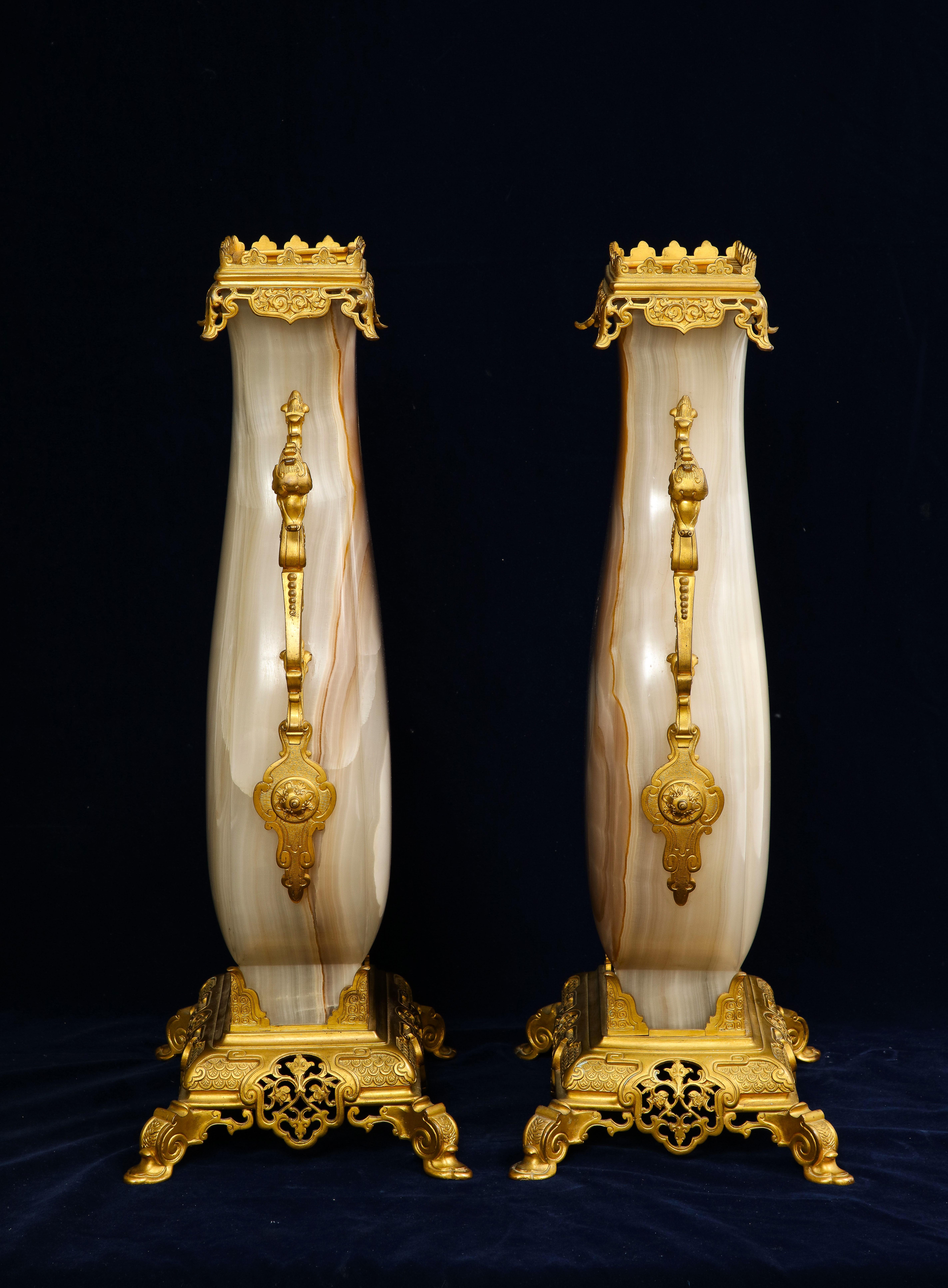 Large Pair of 19 C. French Ormolu Mounted Carved Agate Vases, Att. to E. Lievre For Sale 6