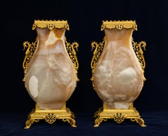 Large Pair of 19 C. French Ormolu Mounted Carved Agate Vases, Att. to E. Lievre